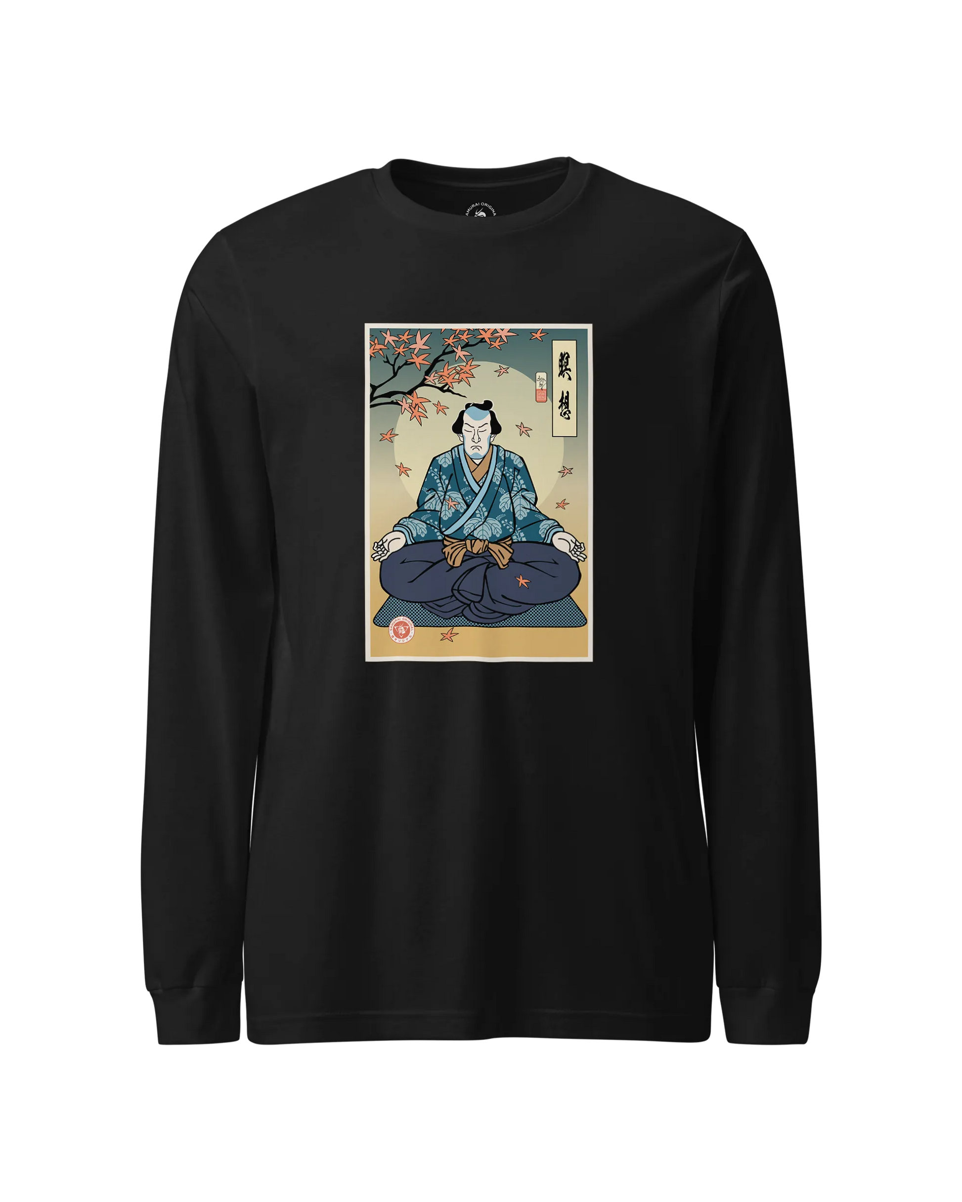 Samurai Meditation Yoga Japanese Ukiyo-e Unisex Long Sleeve Tee Black - Samurai Original
