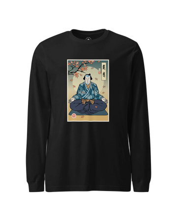 Samurai Meditation Yoga Japanese Ukiyo-e Unisex Long Sleeve Tee Black - Samurai Original
