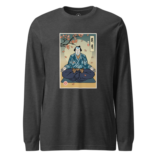 Samurai Meditation Yoga Japanese Ukiyo-e Unisex Long Sleeve Tee Dark Grey Heather - Samurai Original