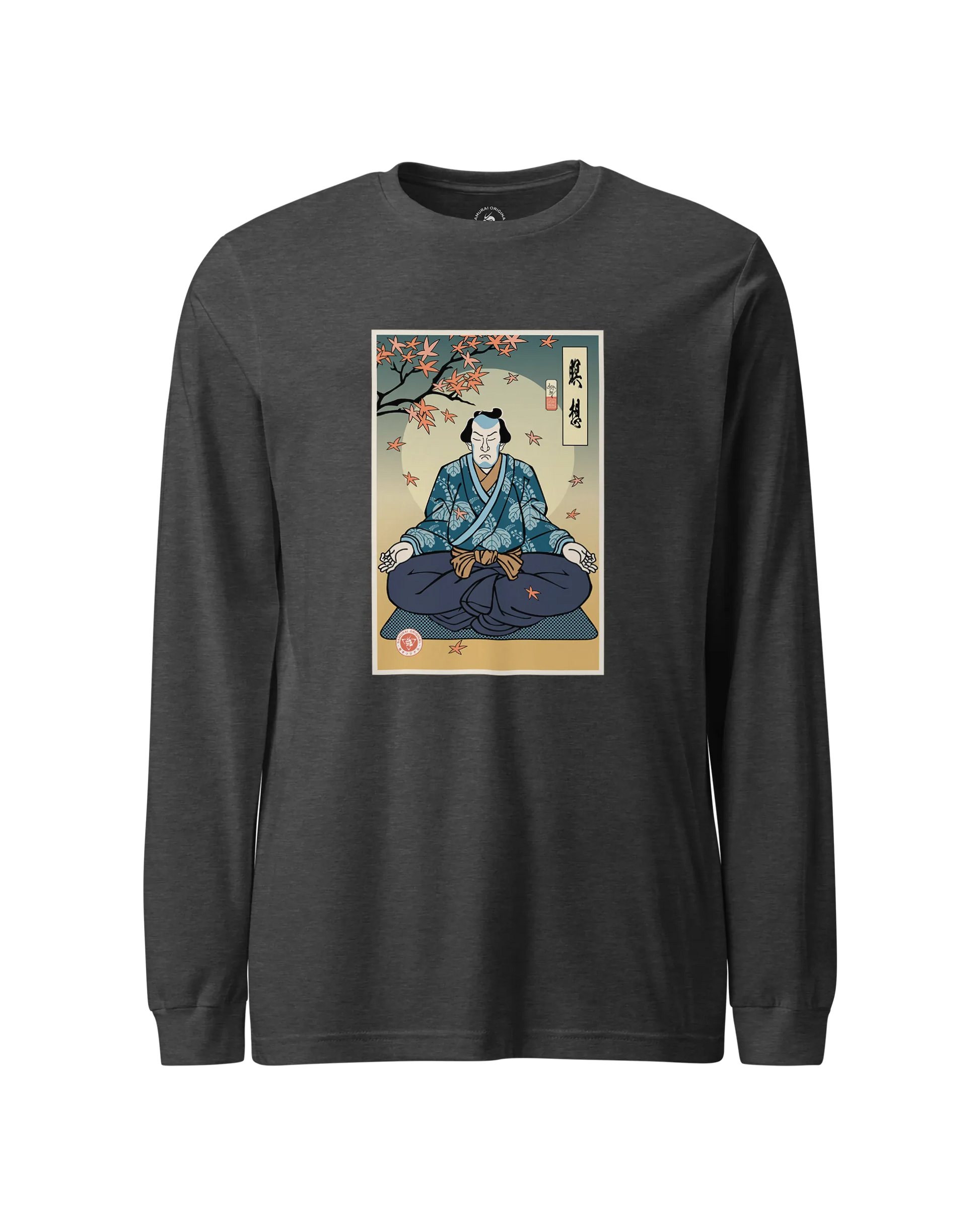 Samurai Meditation Yoga Japanese Ukiyo-e Unisex Long Sleeve Tee Dark Grey Heather - Samurai Original