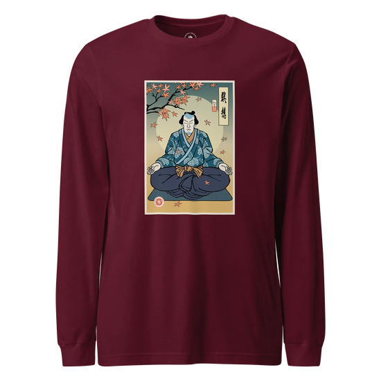 Samurai Meditation Yoga Japanese Ukiyo-e Unisex Long Sleeve Tee Maroon - Samurai Original