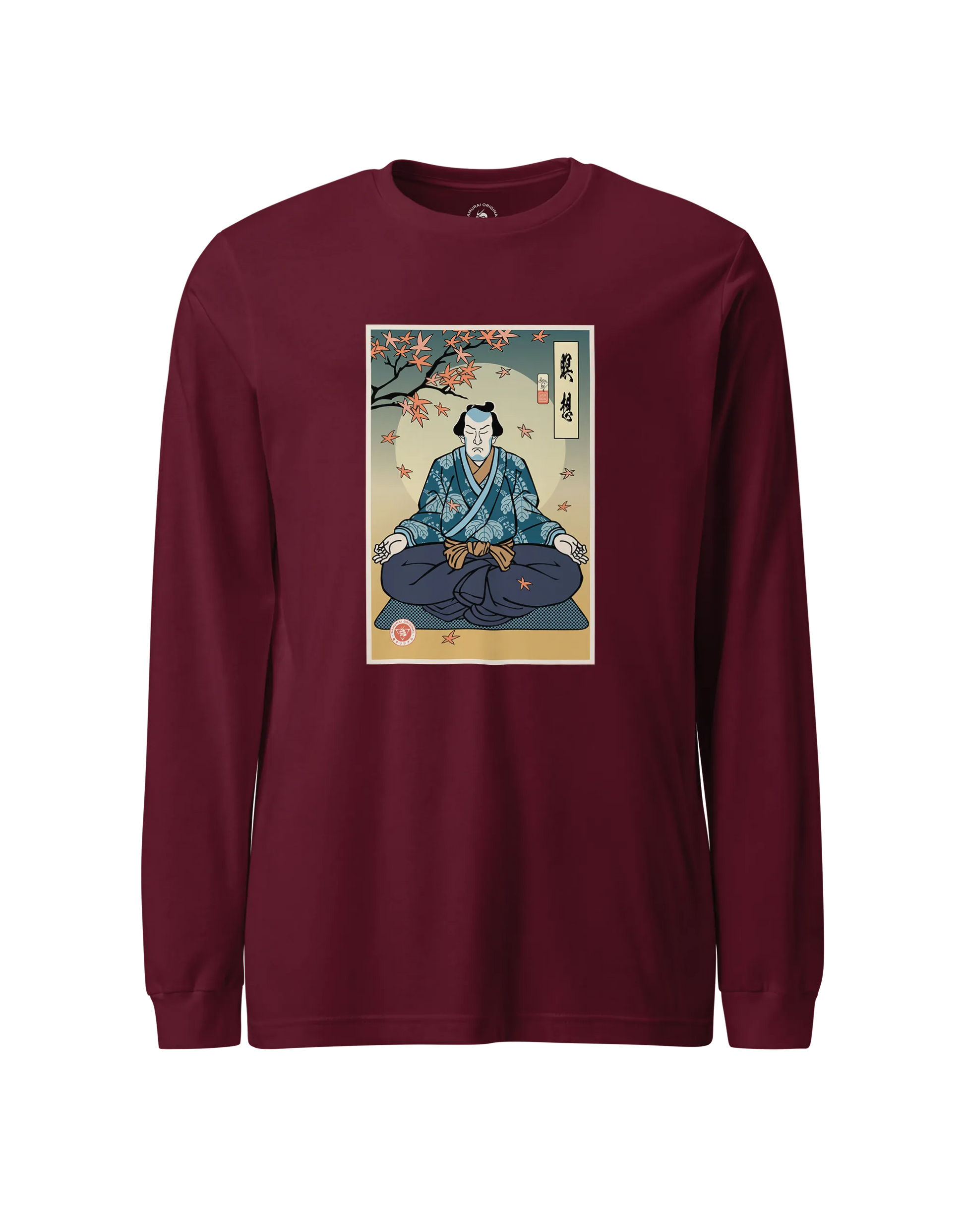Samurai Meditation Yoga Japanese Ukiyo-e Unisex Long Sleeve Tee Maroon - Samurai Original