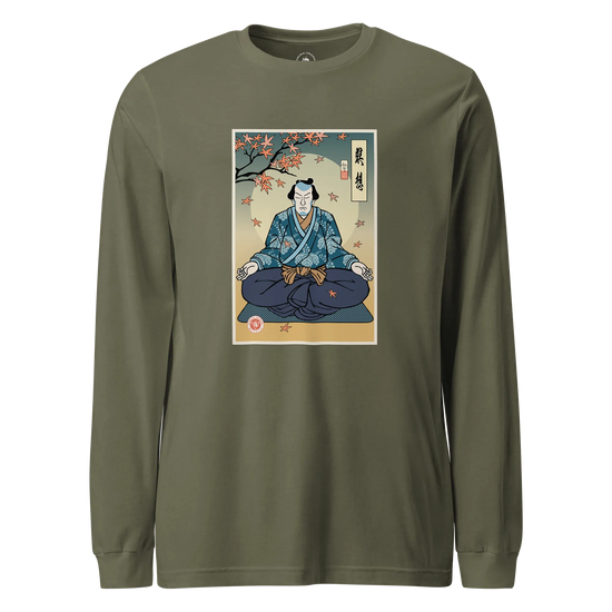 Samurai Meditation Yoga Japanese Ukiyo-e Unisex Long Sleeve Tee Military Green - Samurai Original