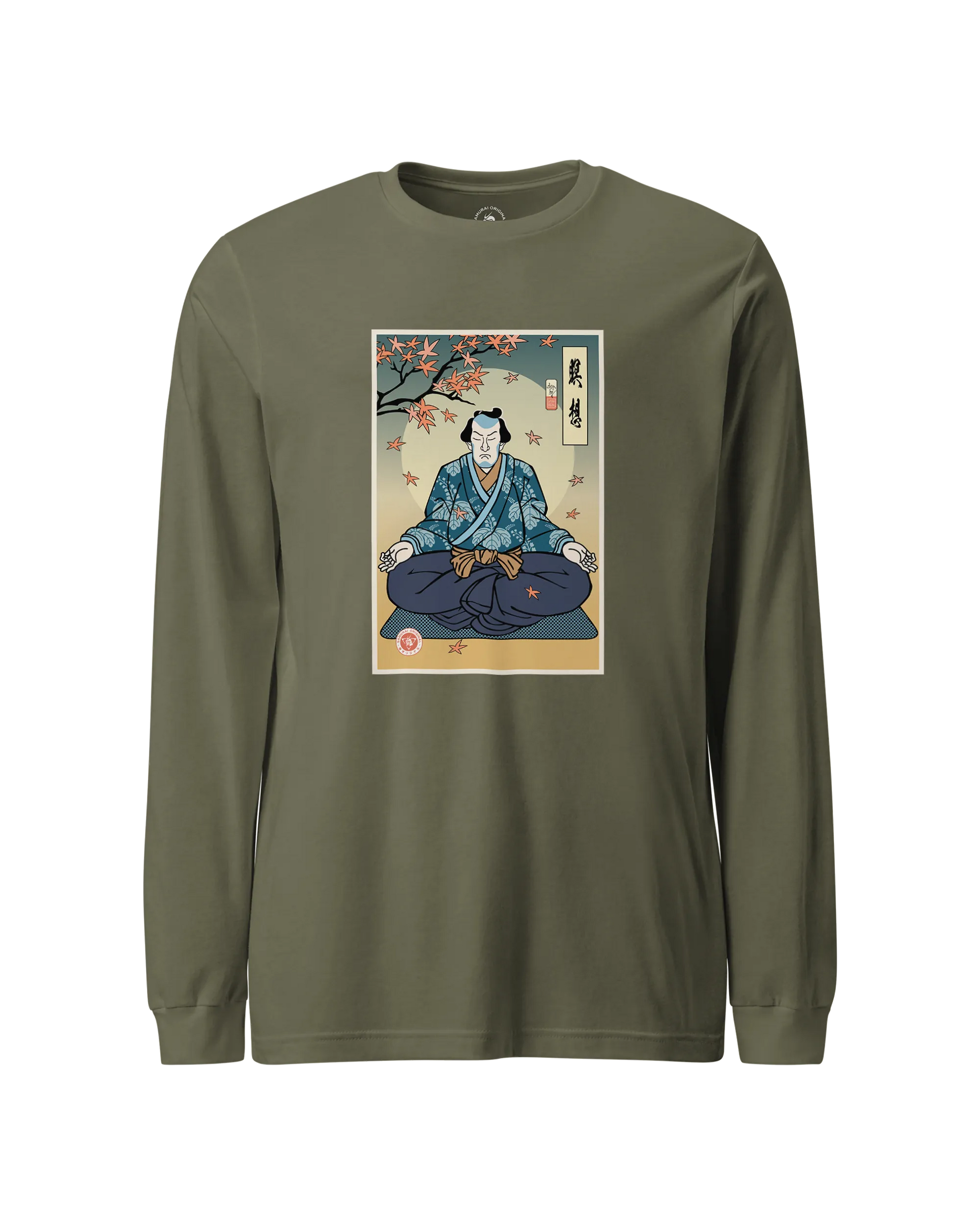 Samurai Meditation Yoga Japanese Ukiyo-e Unisex Long Sleeve Tee Military Green - Samurai Original
