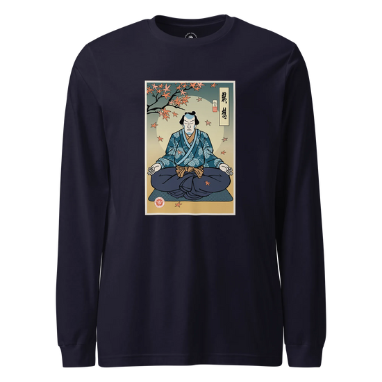Samurai Meditation Yoga Japanese Ukiyo-e Unisex Long Sleeve Tee Navy - Samurai Original
