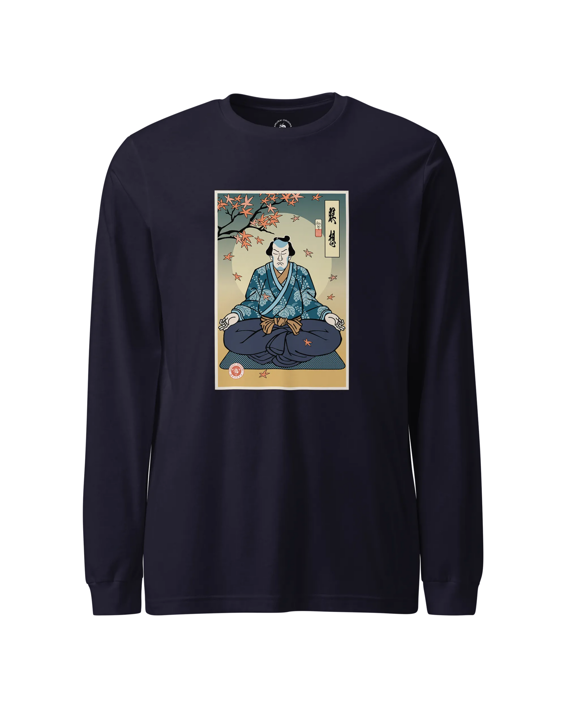 Samurai Meditation Yoga Japanese Ukiyo-e Unisex Long Sleeve Tee Navy - Samurai Original