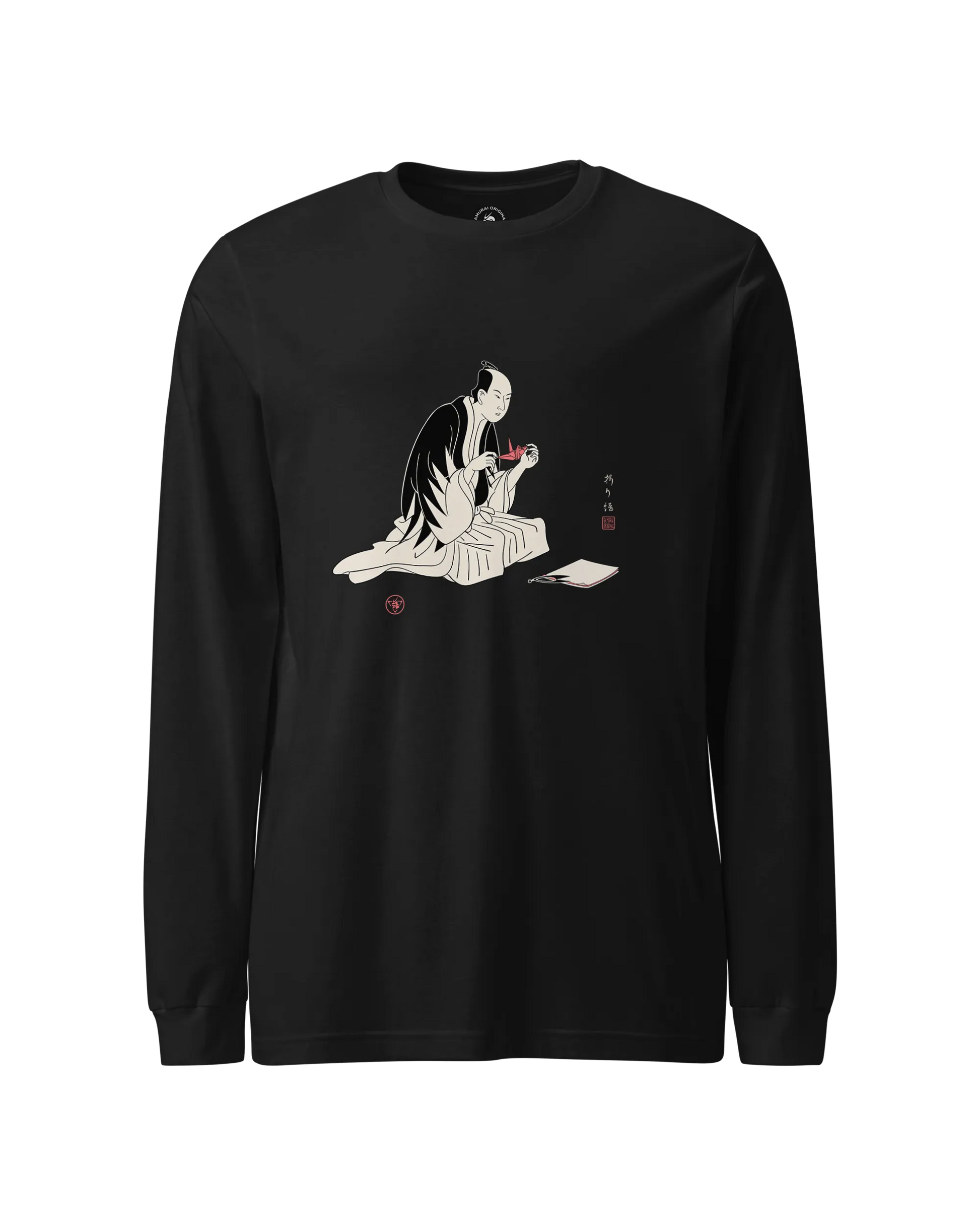 Samurai Origami Japanese Ukiyo-e Unisex Long Sleeve Tee Black - Samurai Original