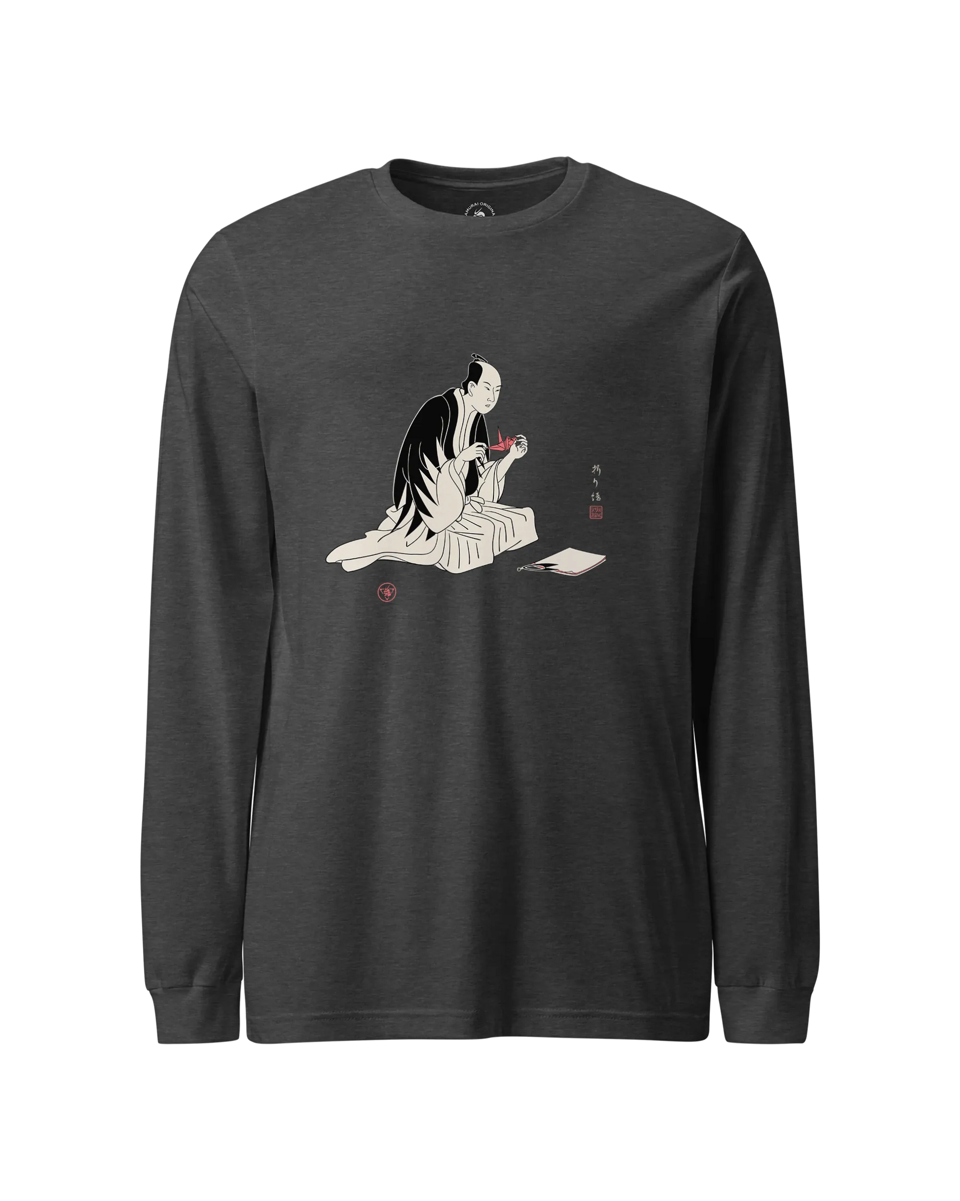 Samurai Origami Japanese Ukiyo-e Unisex Long Sleeve Tee Dark Grey Heather - Samurai Original