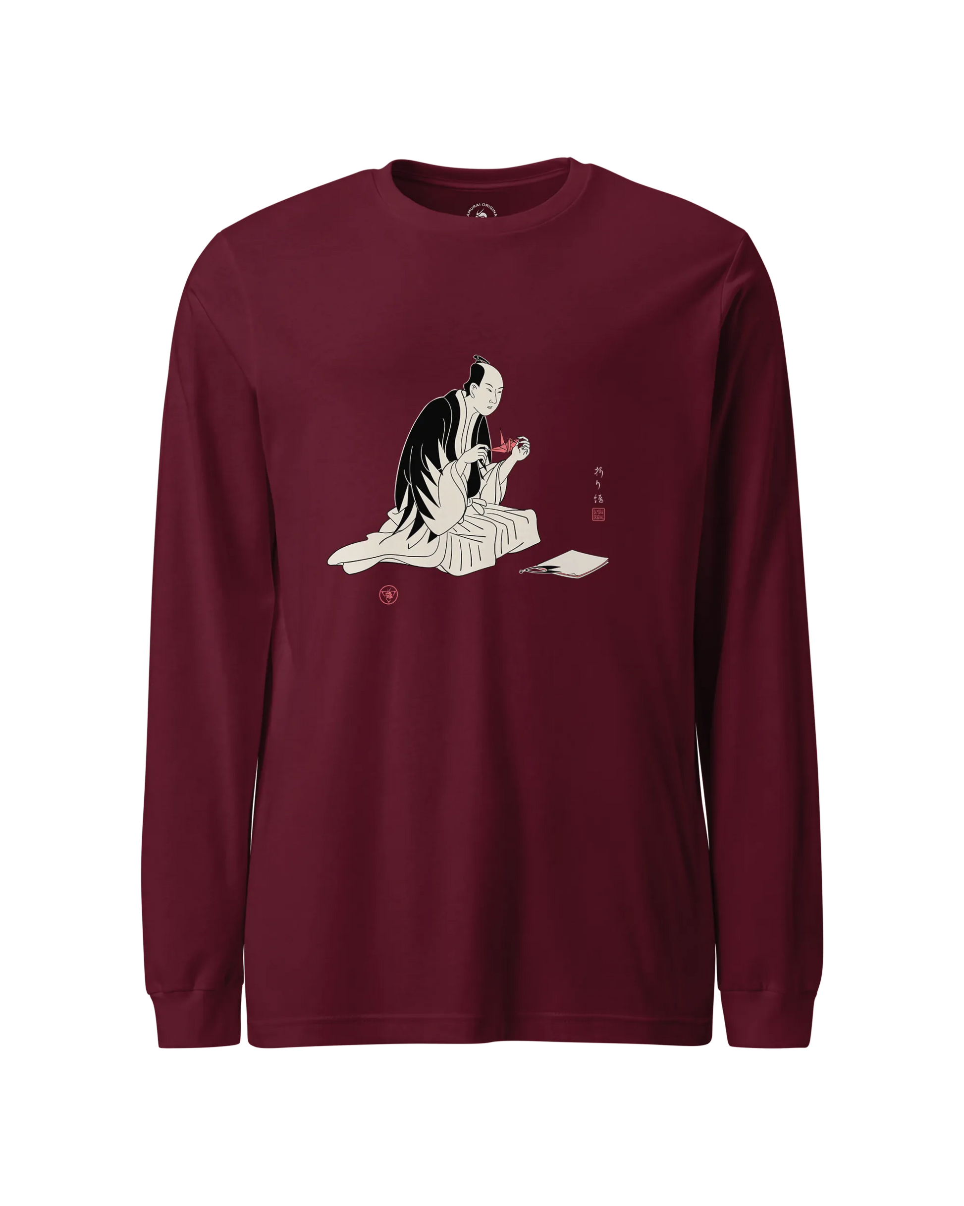 Samurai Origami Japanese Ukiyo-e Unisex Long Sleeve Tee Maroon - Samurai Original