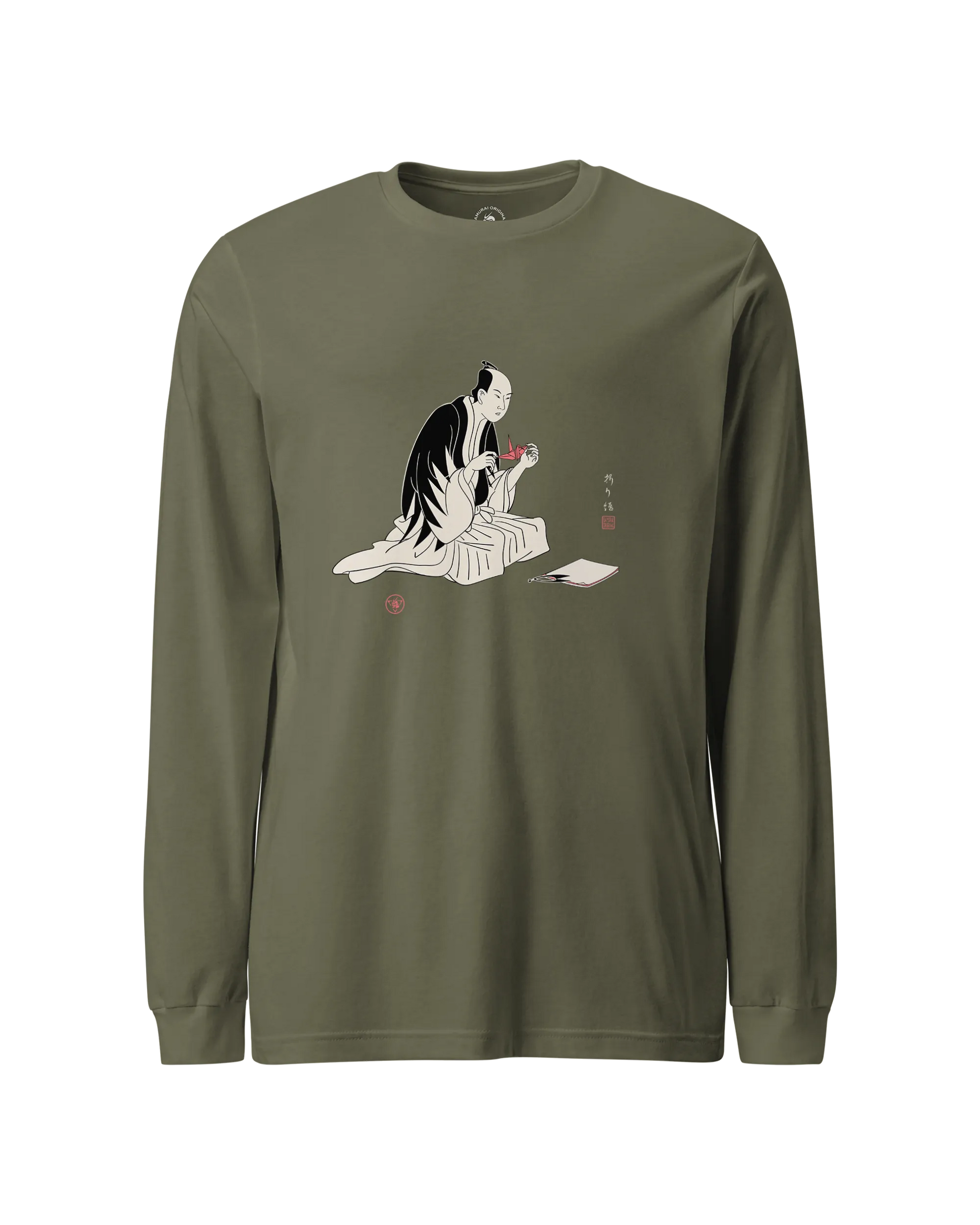 Samurai Origami Japanese Ukiyo-e Unisex Long Sleeve Tee Military Green - Samurai Original