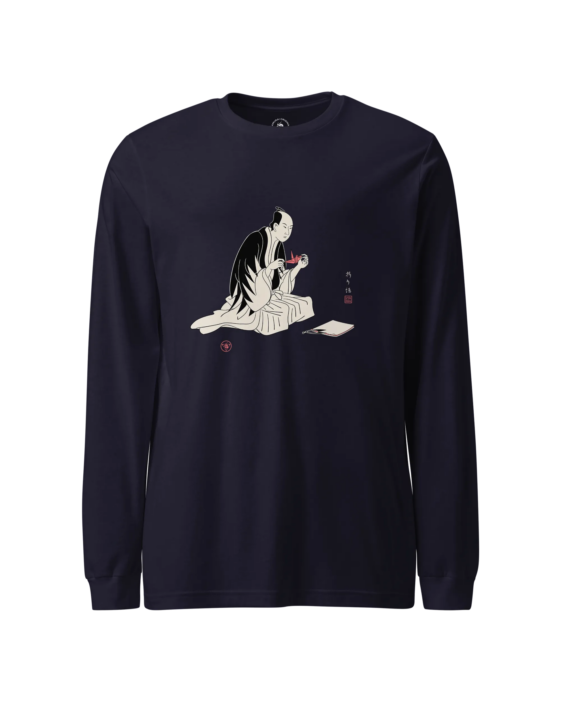 Samurai Origami Japanese Ukiyo-e Unisex Long Sleeve Tee Navy - Samurai Original