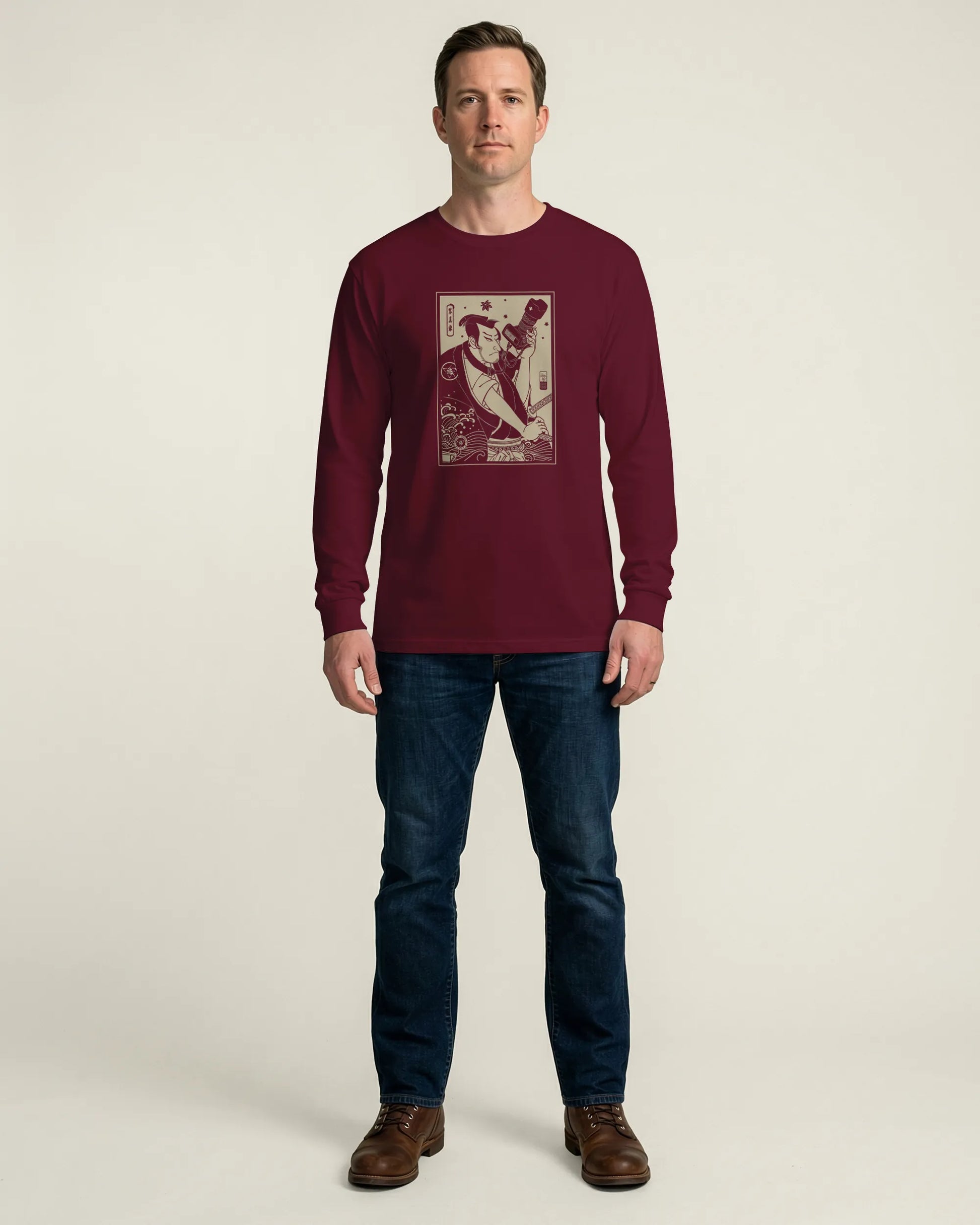Samurai Photographer 3 Camera Ukiyo-e Unisex Long Sleeve Tee - Samurai Original