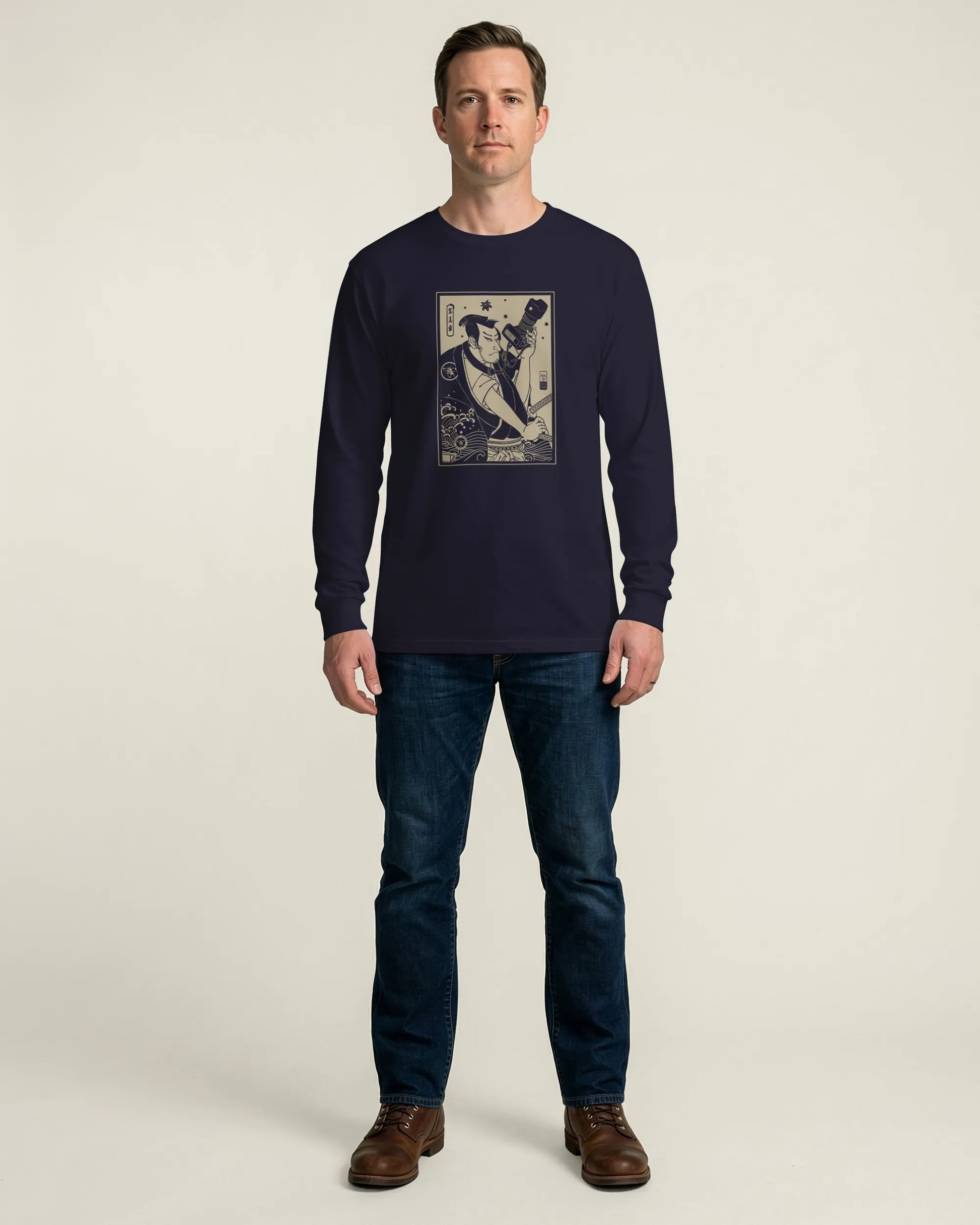 Samurai Photographer 3 Camera Ukiyo-e Unisex Long Sleeve Tee - Samurai Original