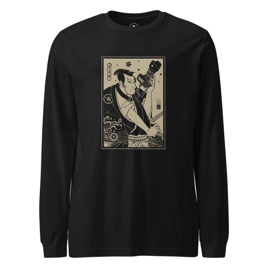 Samurai Photographer 3 Camera Ukiyo-e Unisex Long Sleeve Tee Black - Samurai Original