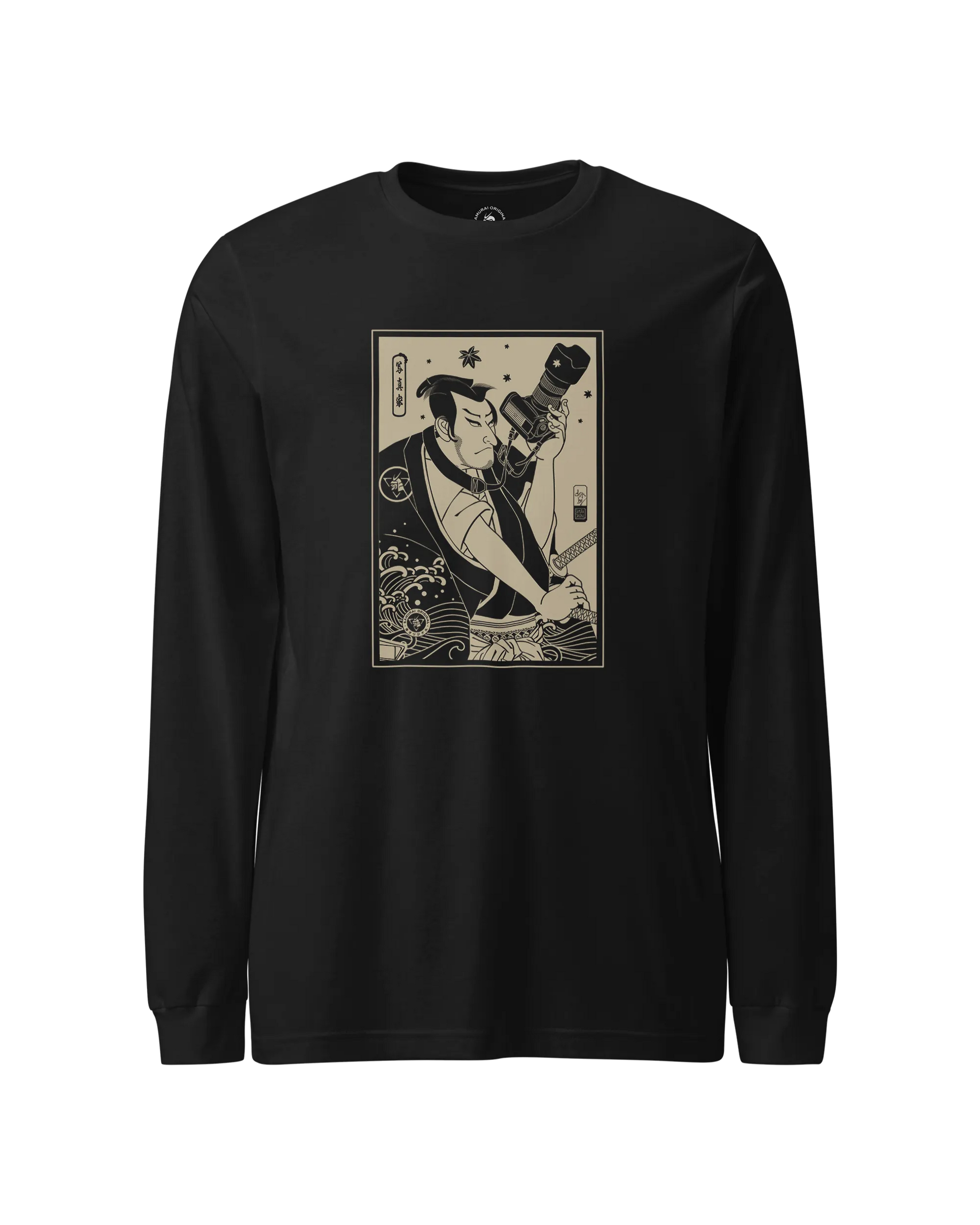 Samurai Photographer 3 Camera Ukiyo-e Unisex Long Sleeve Tee Black - Samurai Original
