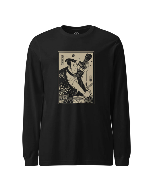 Samurai Photographer 3 Camera Ukiyo-e Unisex Long Sleeve Tee Black - Samurai Original