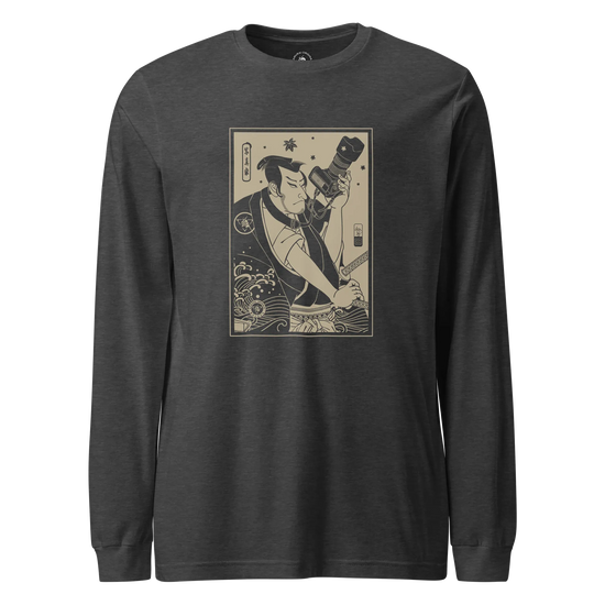 Samurai Photographer 3 Camera Ukiyo-e Unisex Long Sleeve Tee Dark Grey Heather - Samurai Original
