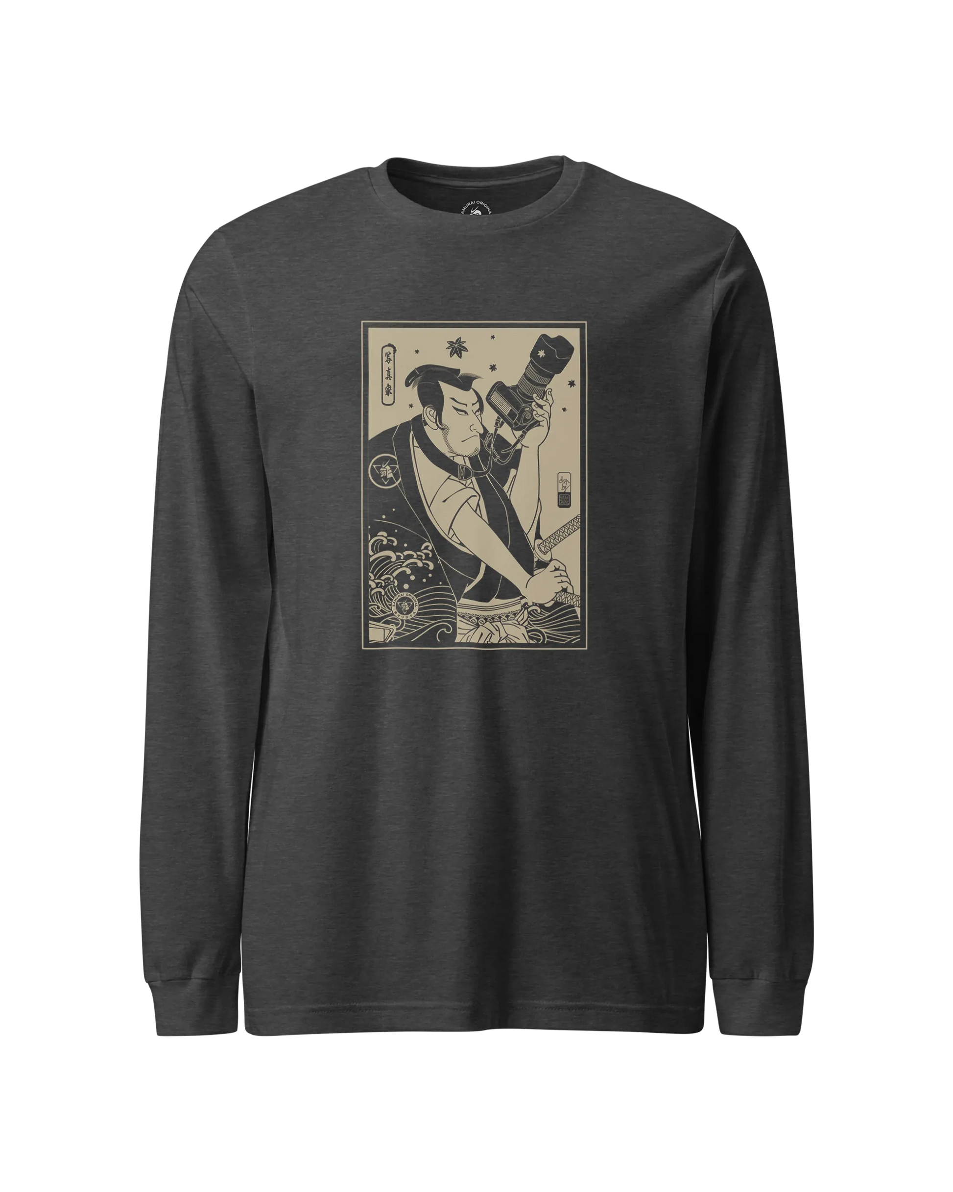 Samurai Photographer 3 Camera Ukiyo-e Unisex Long Sleeve Tee Dark Grey Heather - Samurai Original