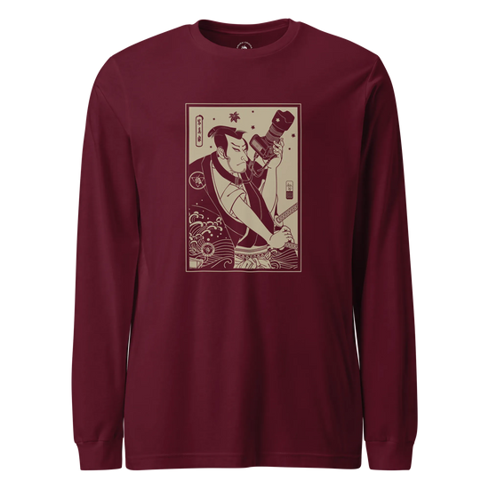 Samurai Photographer 3 Camera Ukiyo-e Unisex Long Sleeve Tee Maroon - Samurai Original