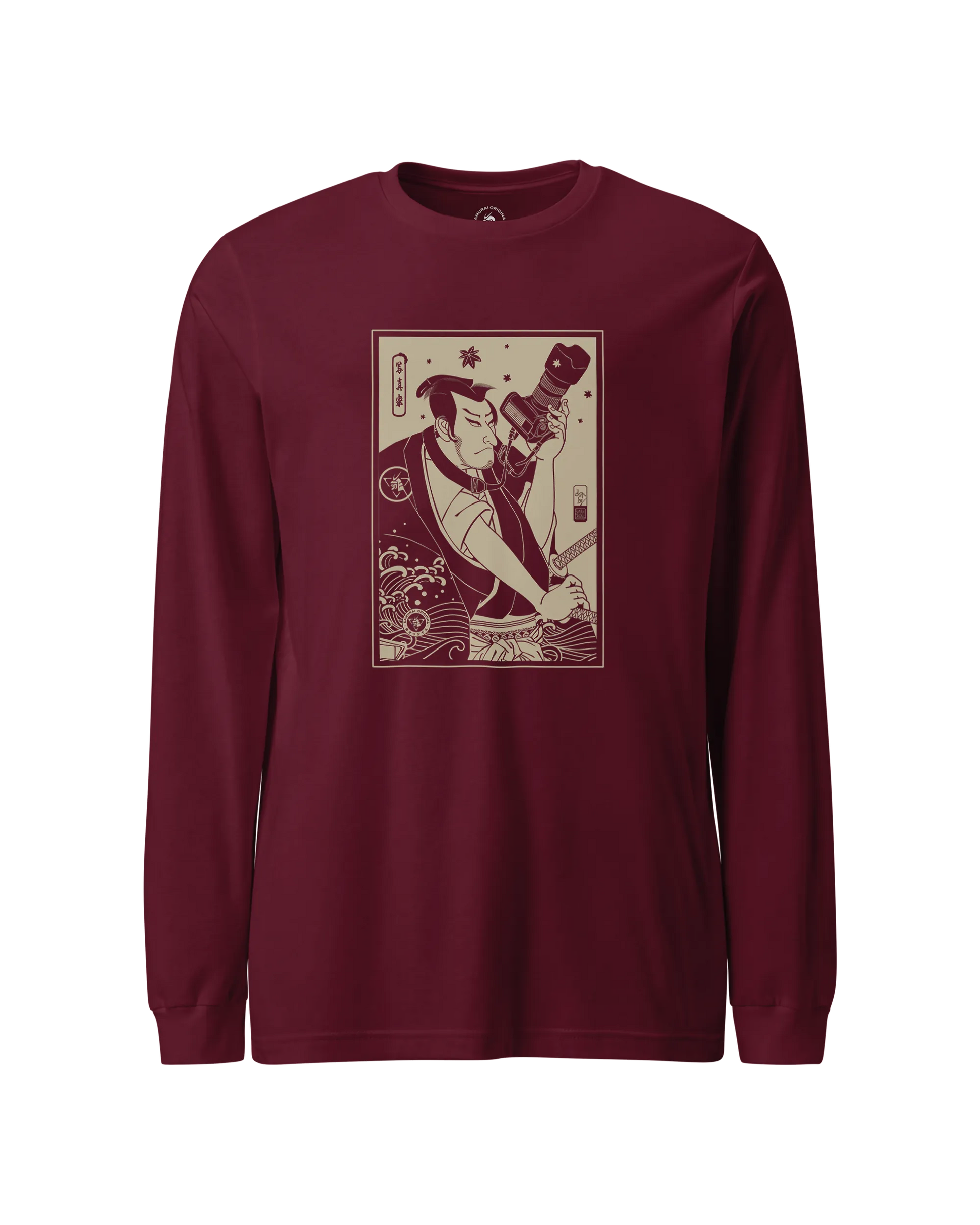 Samurai Photographer 3 Camera Ukiyo-e Unisex Long Sleeve Tee Maroon - Samurai Original