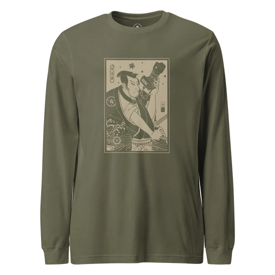 Samurai Photographer 3 Camera Ukiyo-e Unisex Long Sleeve Tee Military Green - Samurai Original