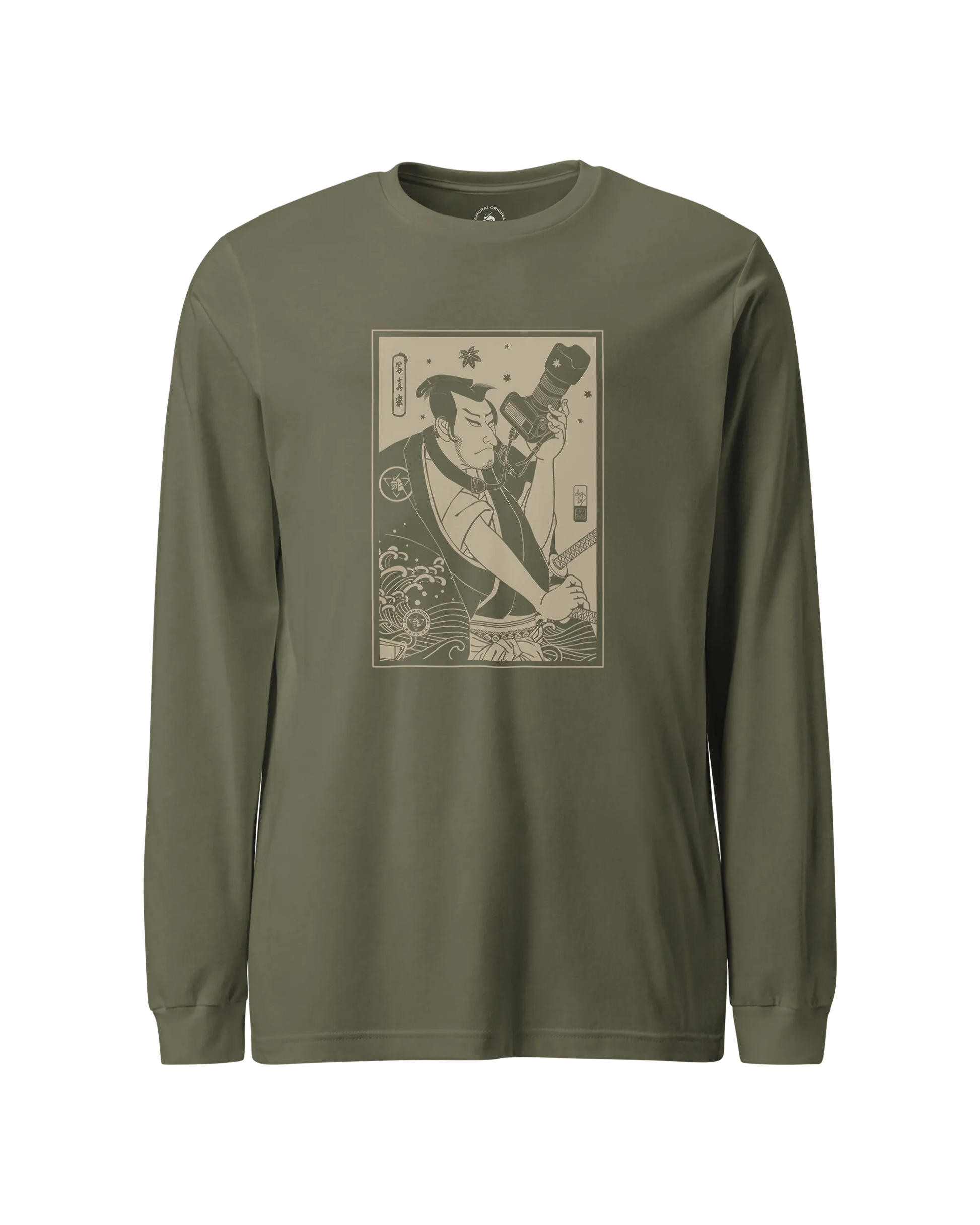 Samurai Photographer 3 Camera Ukiyo-e Unisex Long Sleeve Tee Military Green - Samurai Original
