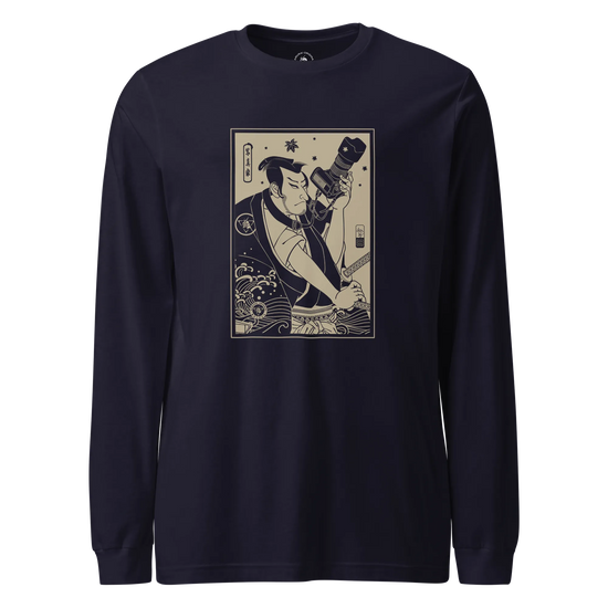 Samurai Photographer 3 Camera Ukiyo-e Unisex Long Sleeve Tee Navy - Samurai Original