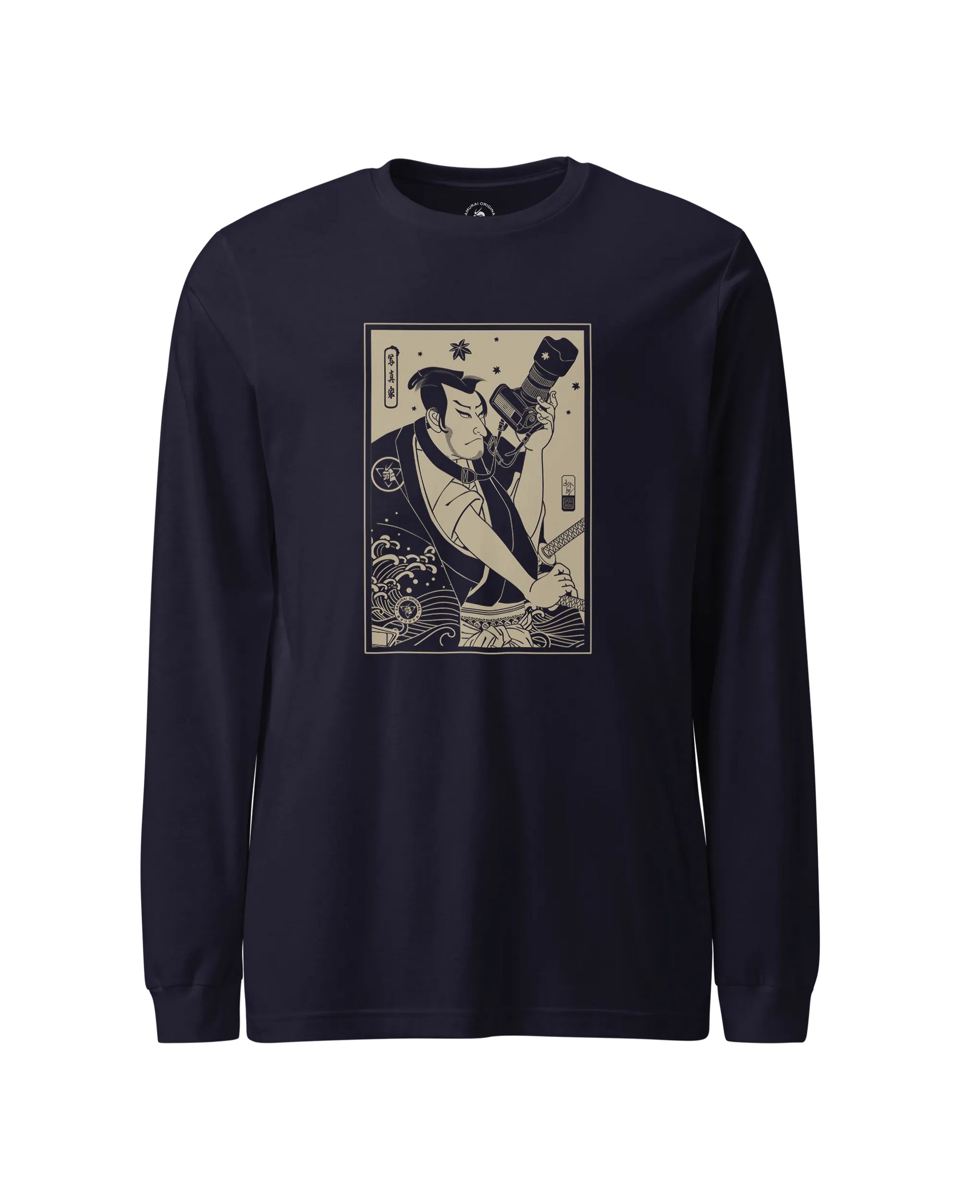 Samurai Photographer 3 Camera Ukiyo-e Unisex Long Sleeve Tee Navy - Samurai Original