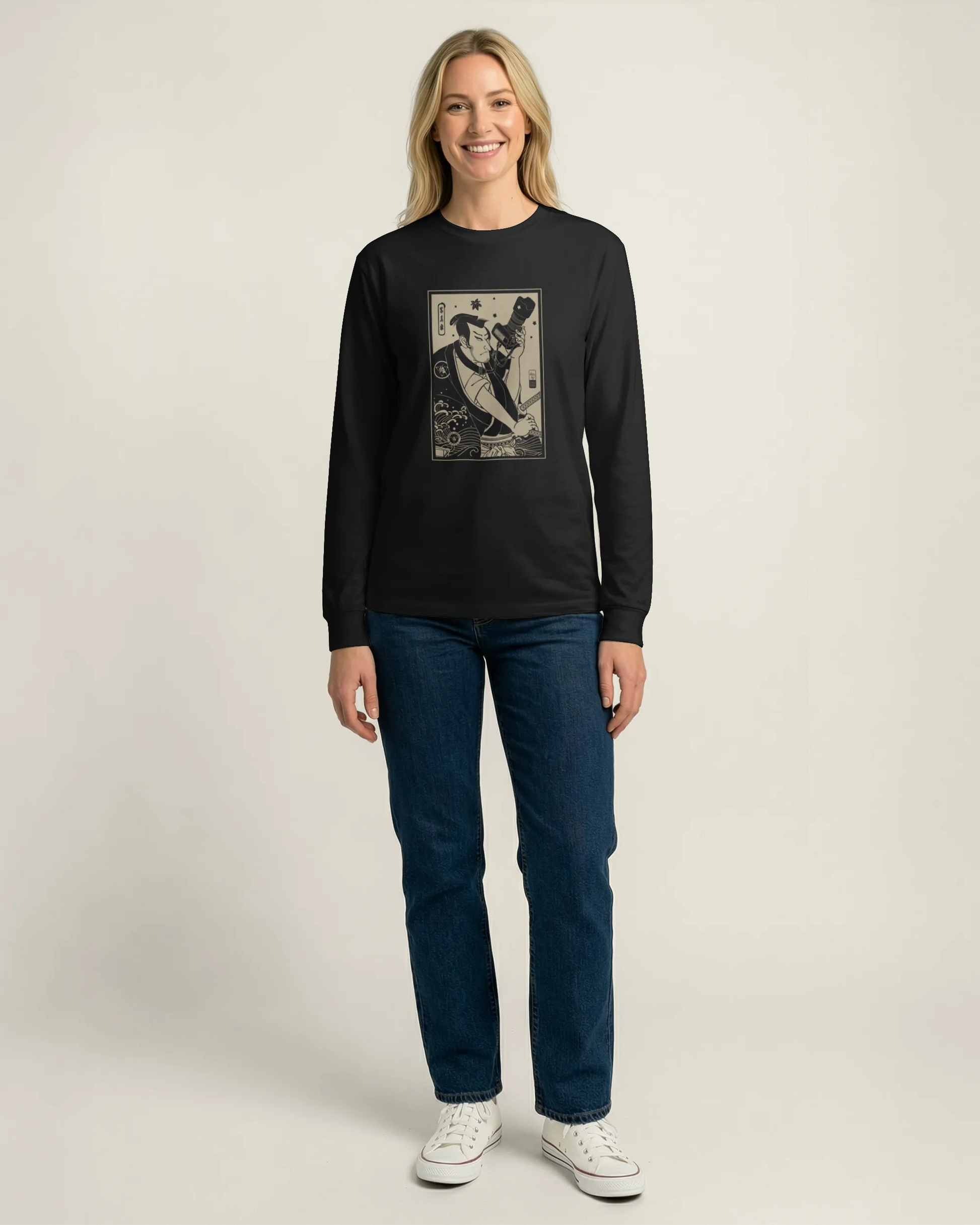 Samurai Photographer 3 Camera Ukiyo-e Unisex Long Sleeve Tee - Samurai Original