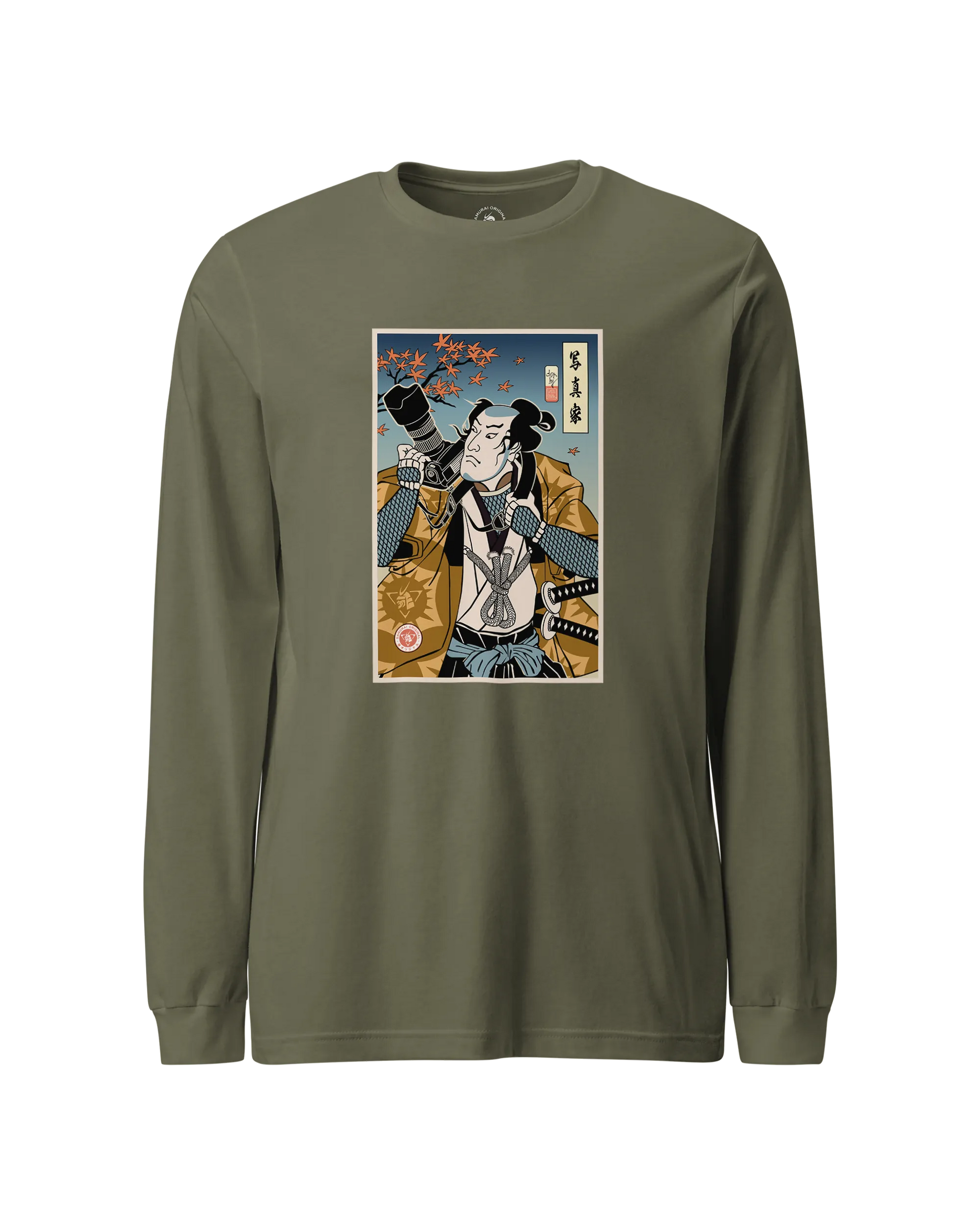 Samurai Photographer 7 Camera Ukiyo-e Unisex Long Sleeve Tee Military Green - Samurai Original