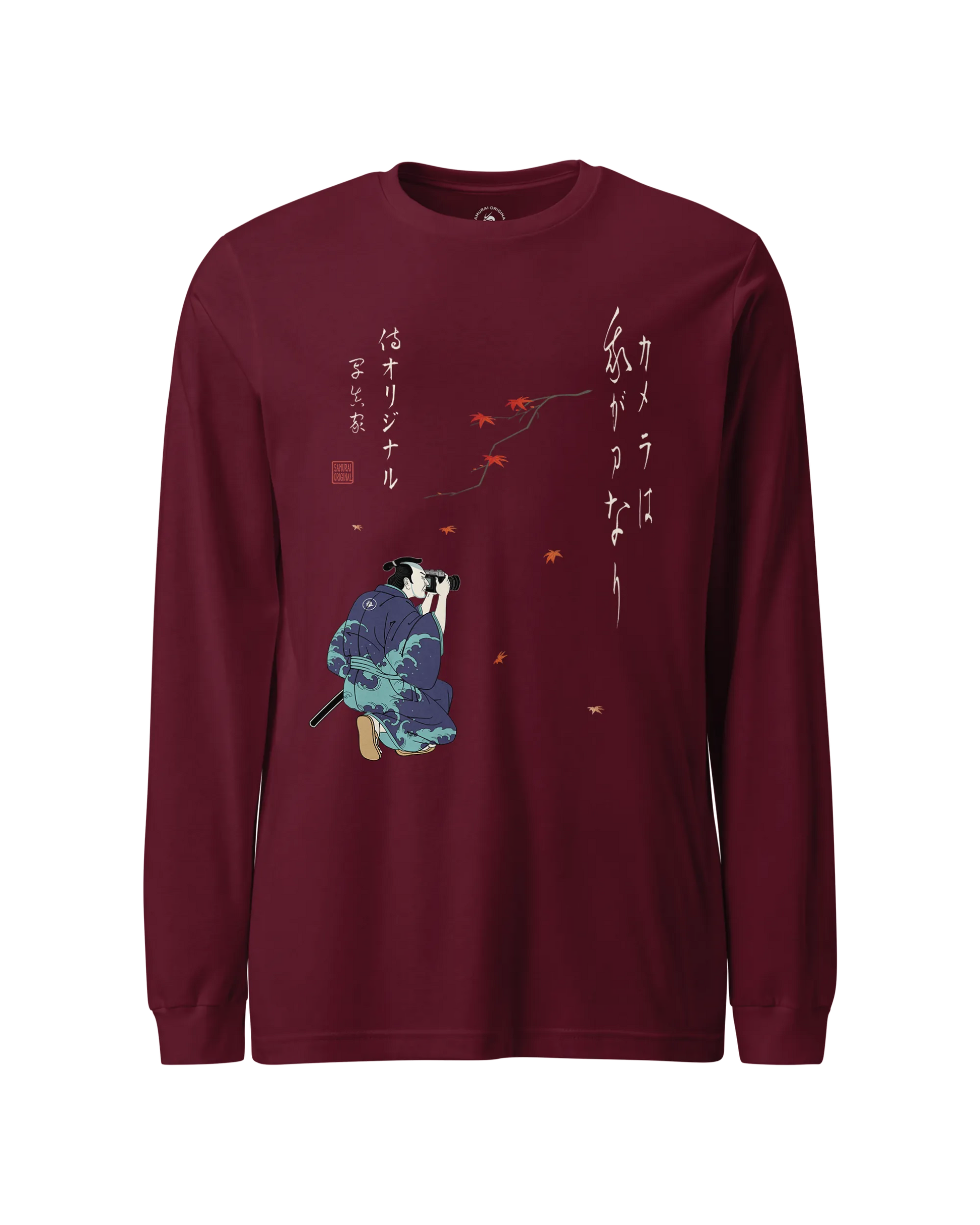 Samurai Photographer Japanese Ukiyo-e Unisex Long Sleeve Tee No.11 Maroon - Samurai Original