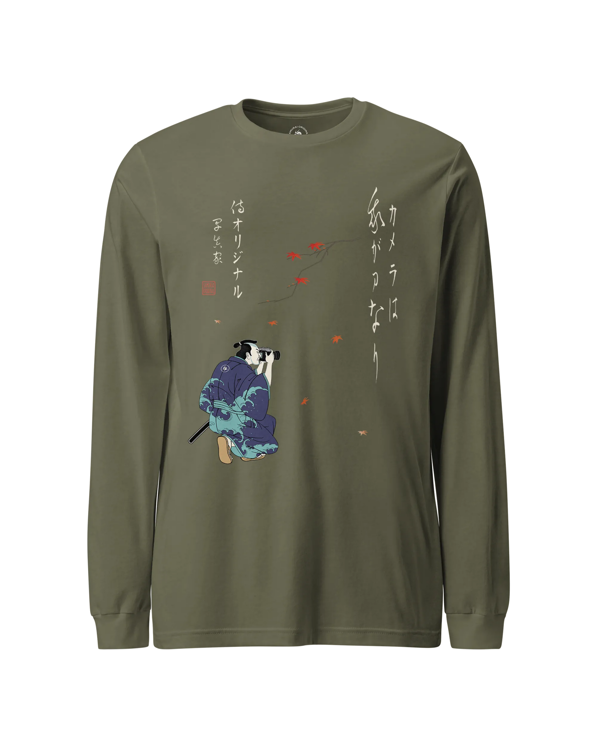 Samurai Photographer Japanese Ukiyo-e Unisex Long Sleeve Tee No.11 Military Green - Samurai Original
