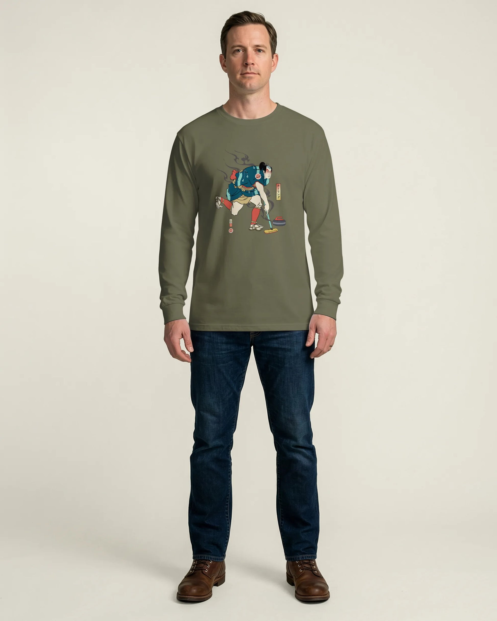 Samurai Play Curling Ukiyo-e Unisex Long Sleeve Tee - Samurai Original