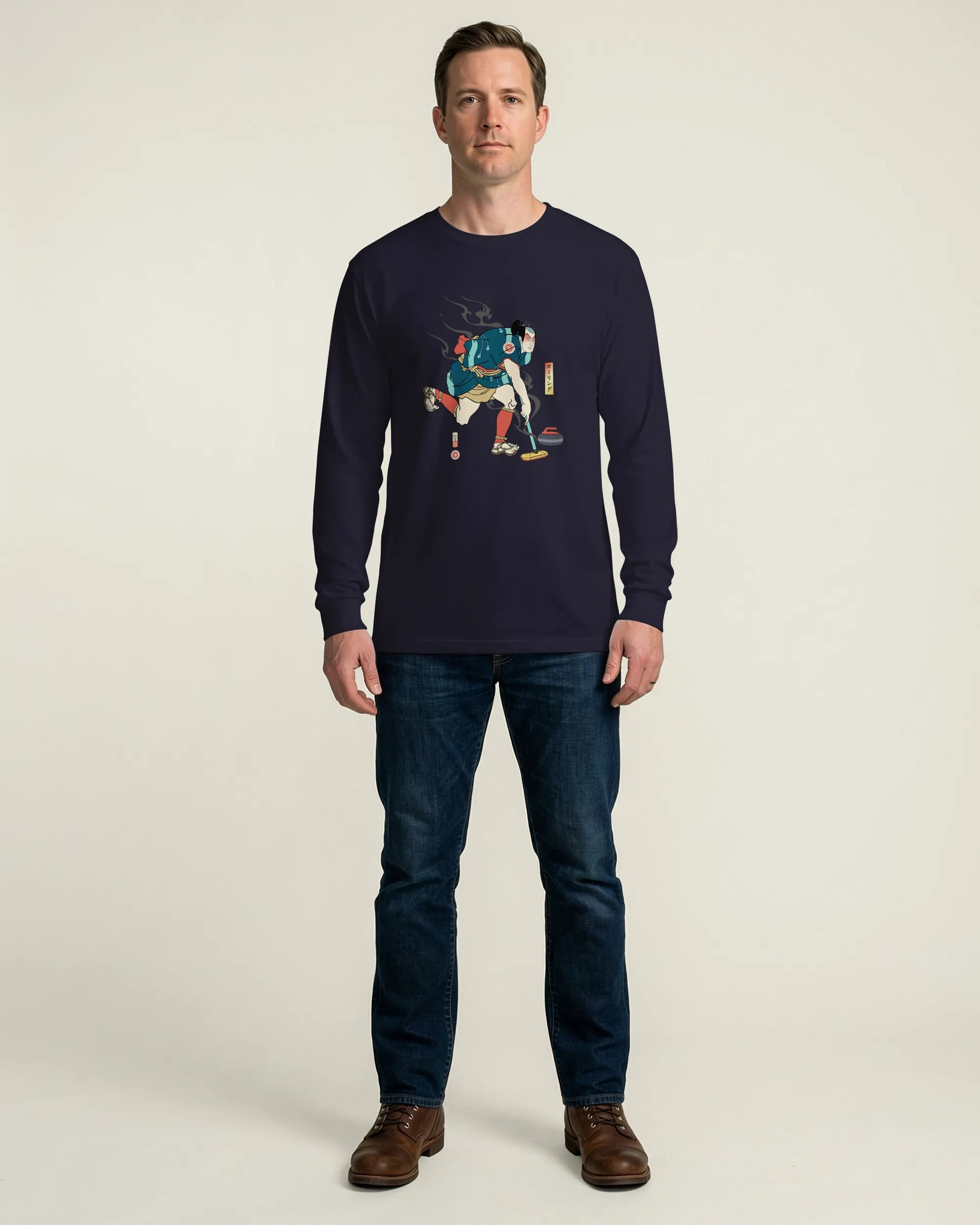Samurai Play Curling Ukiyo-e Unisex Long Sleeve Tee - Samurai Original