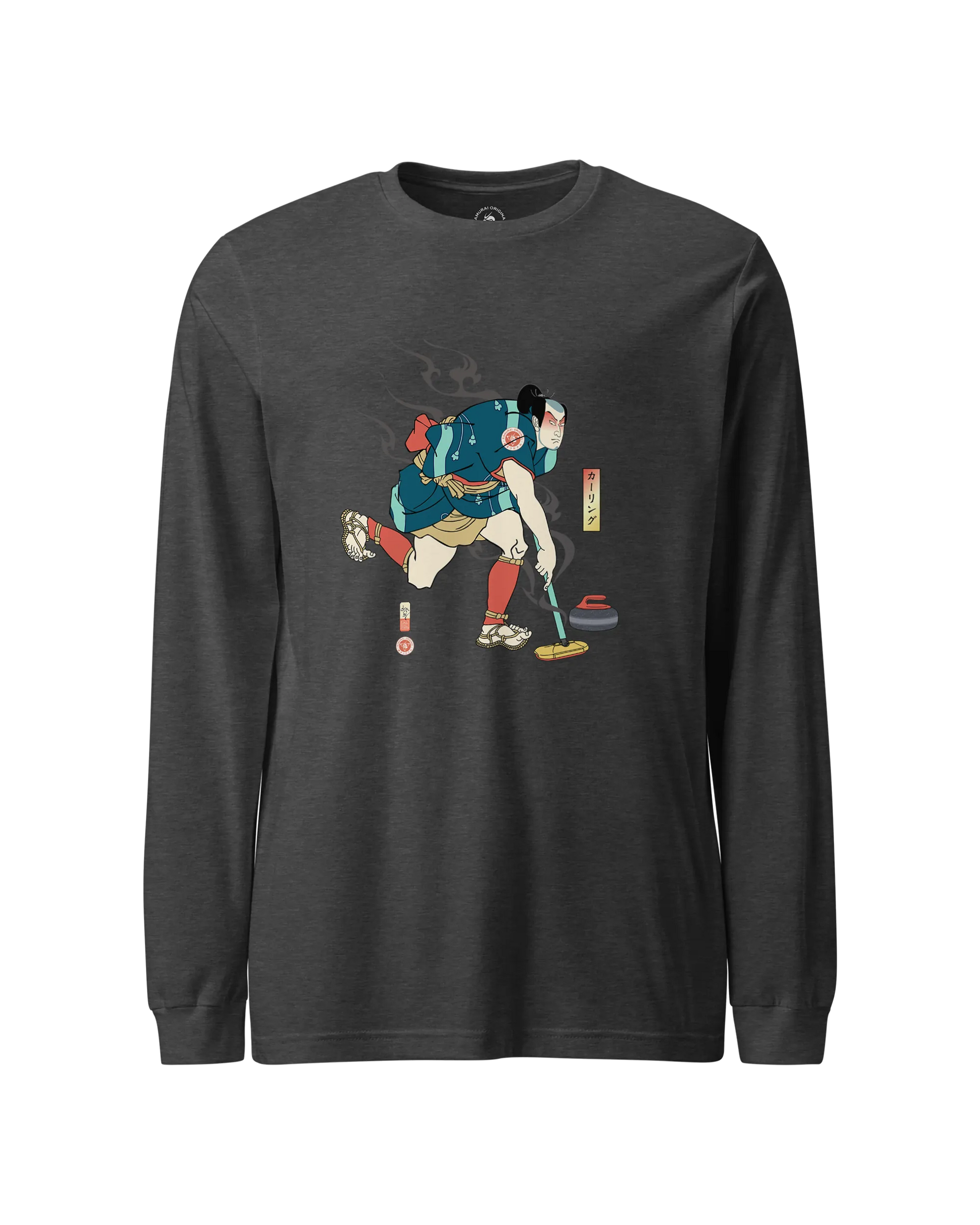 Samurai Play Curling Ukiyo-e Unisex Long Sleeve Tee Dark Grey Heather - Samurai Original