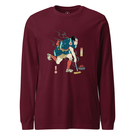 Samurai Play Curling Ukiyo-e Unisex Long Sleeve Tee Maroon - Samurai Original