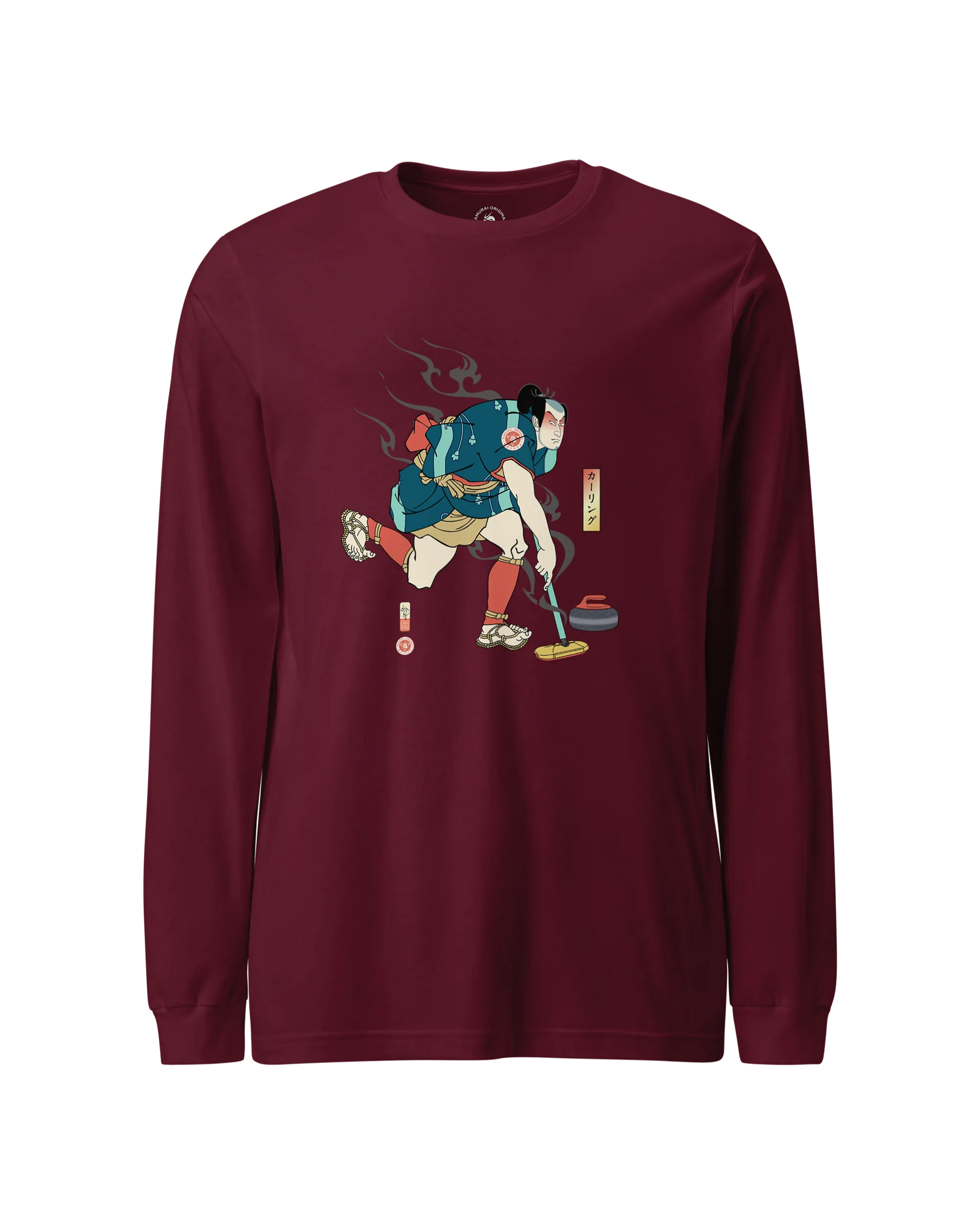 Samurai Play Curling Ukiyo-e Unisex Long Sleeve Tee Maroon - Samurai Original