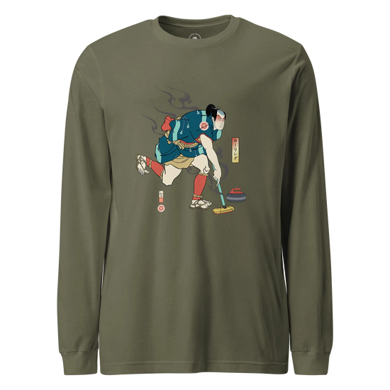 Samurai Play Curling Ukiyo-e Unisex Long Sleeve Tee Military Green - Samurai Original