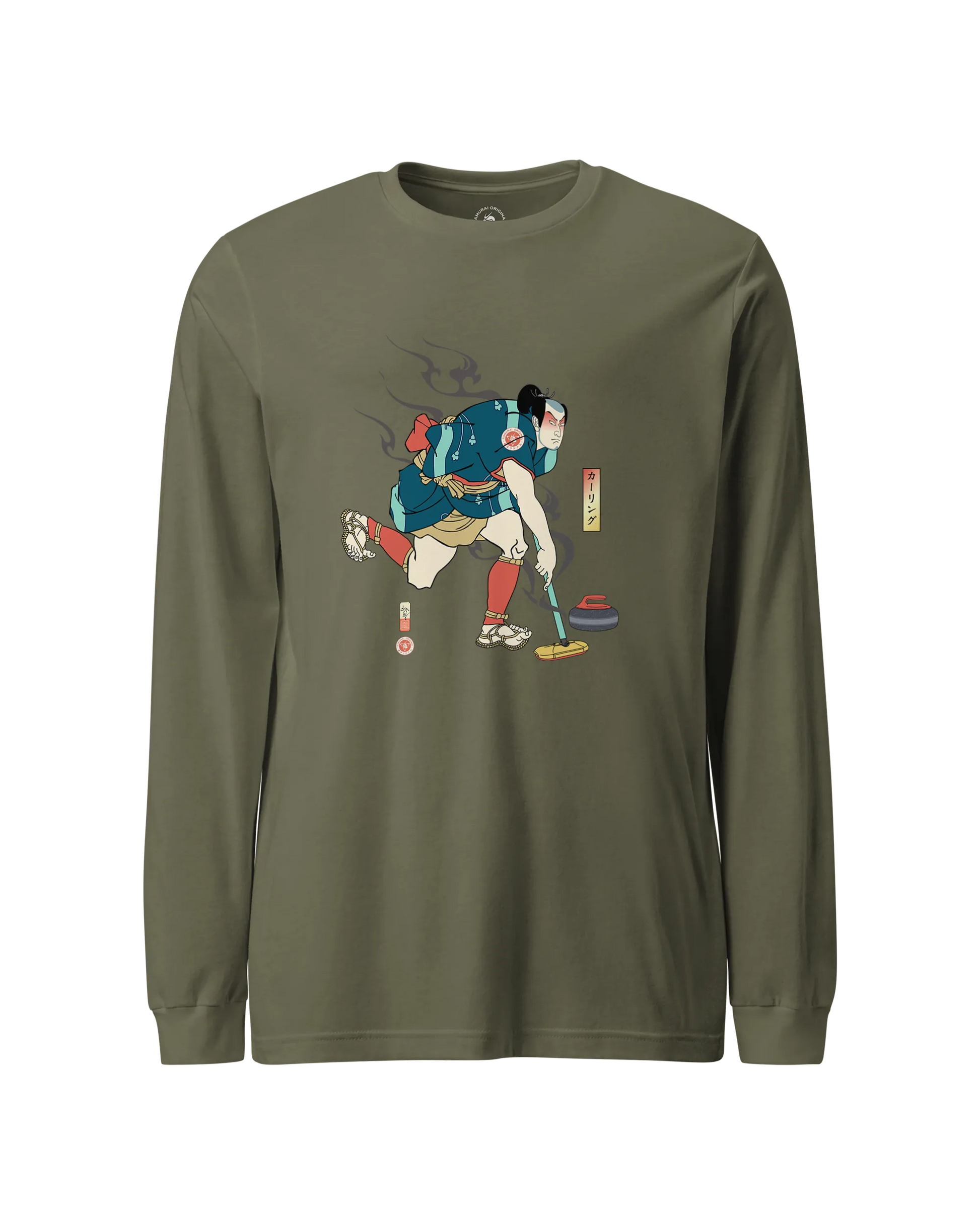 Samurai Play Curling Ukiyo-e Unisex Long Sleeve Tee Military Green - Samurai Original