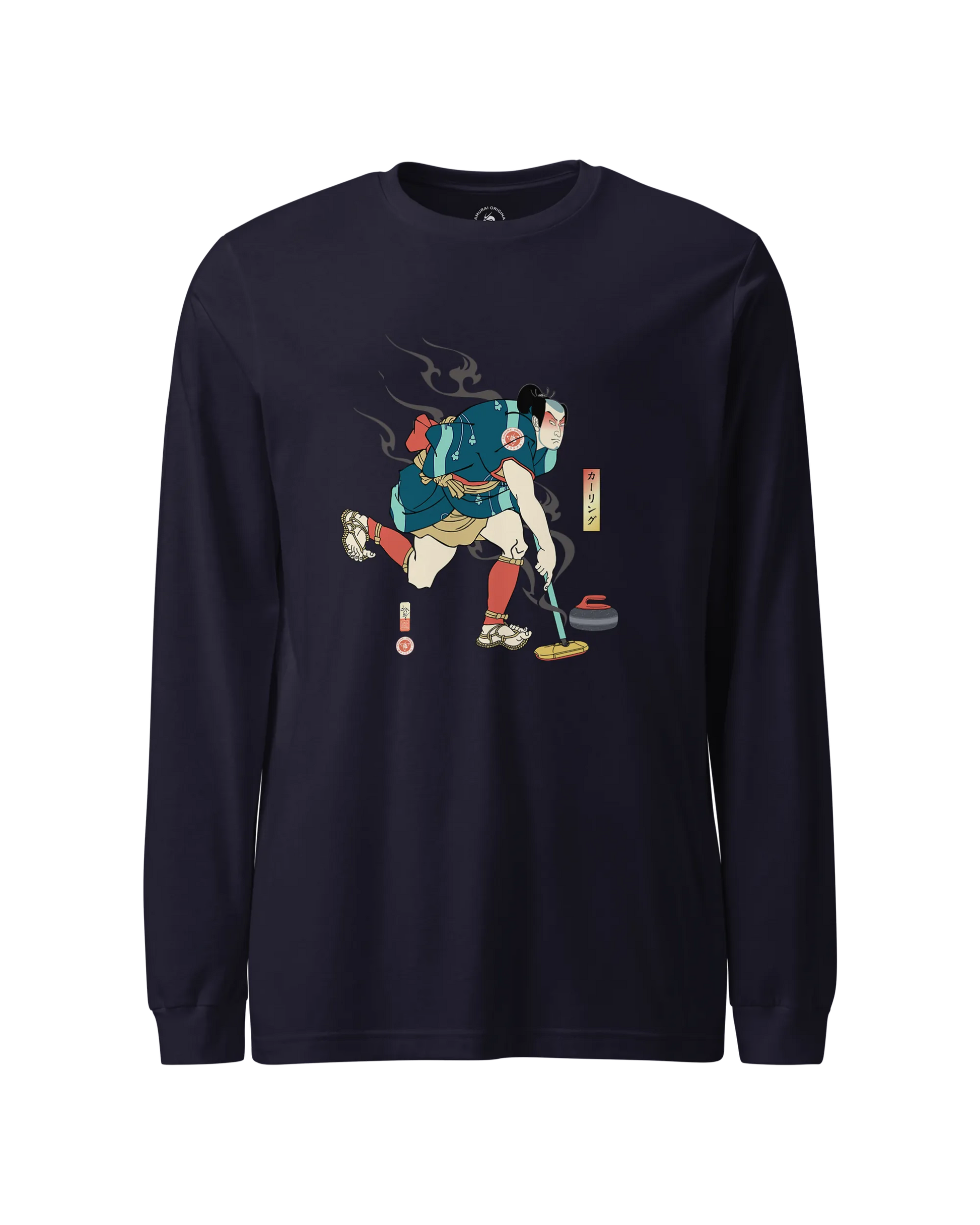 Samurai Play Curling Ukiyo-e Unisex Long Sleeve Tee Navy - Samurai Original