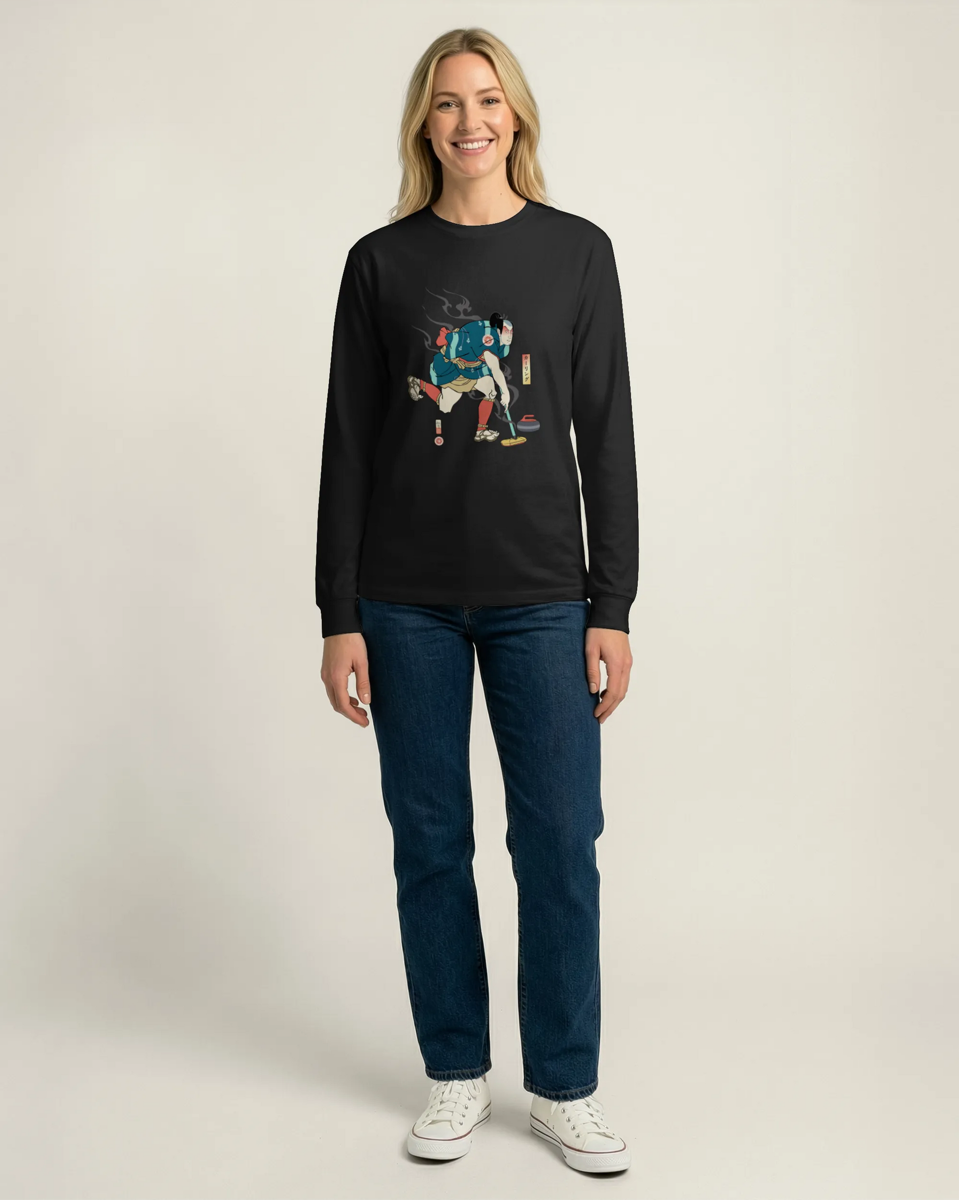 Samurai Play Curling Ukiyo-e Unisex Long Sleeve Tee - Samurai Original