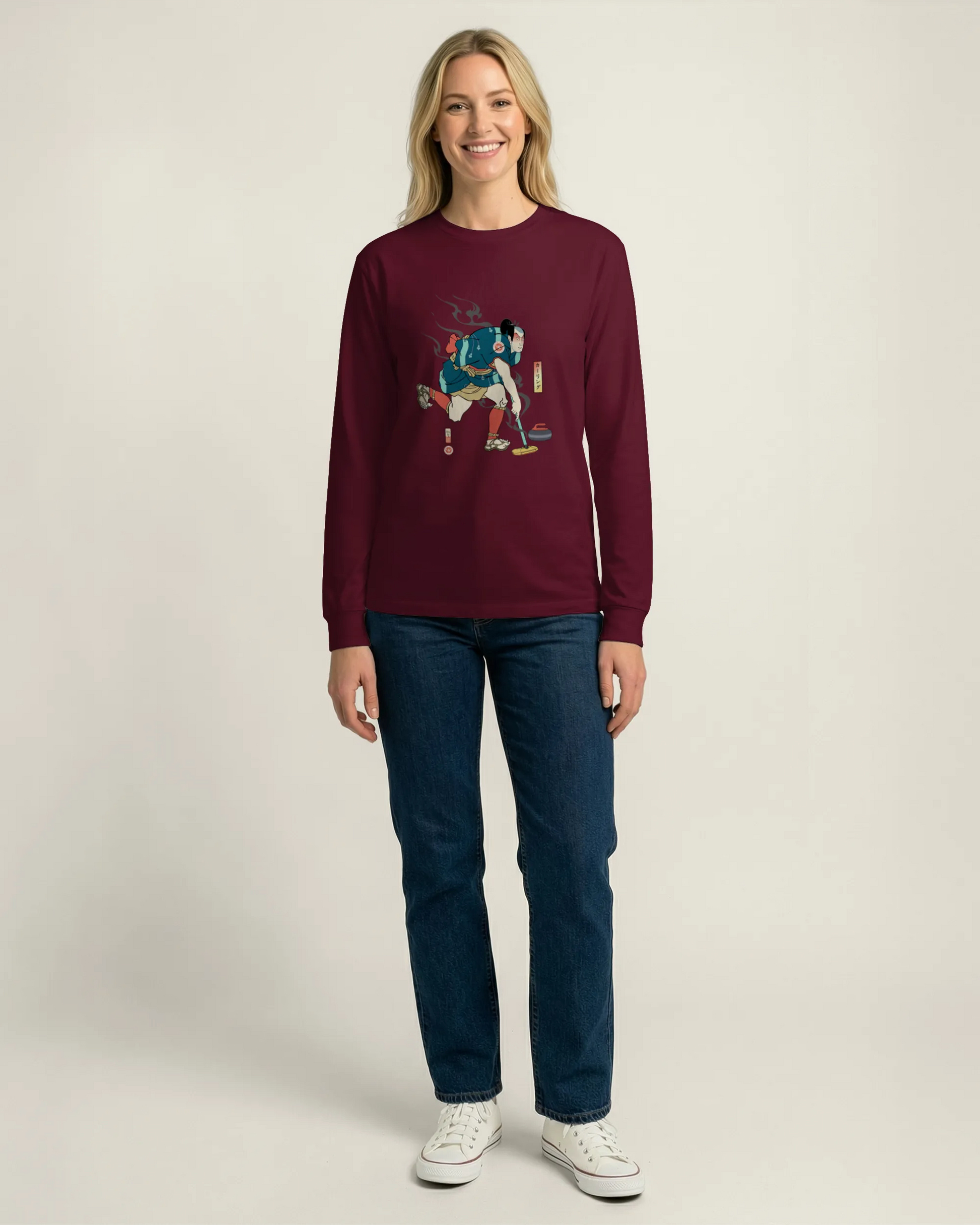 Samurai Play Curling Ukiyo-e Unisex Long Sleeve Tee - Samurai Original