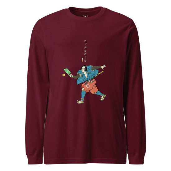 Samurai Play Pickleball Ukiyo-e Unisex Long Sleeve Tee Maroon - Samurai Original