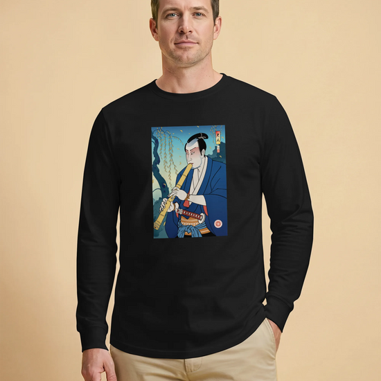 Samurai Play Shakuhachi Bamboo Flute Ukiyo-e Unisex Long Sleeve Tee - Samurai Original