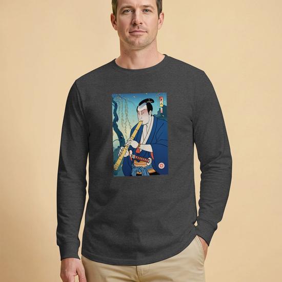 Samurai Play Shakuhachi Bamboo Flute Ukiyo-e Unisex Long Sleeve Tee - Samurai Original