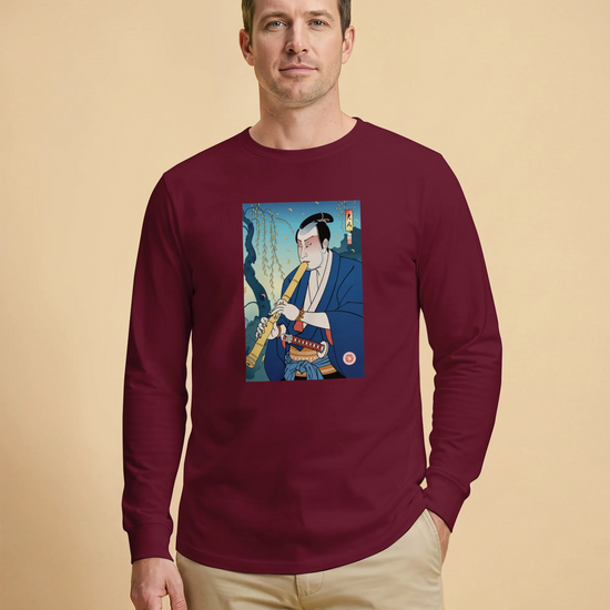 Samurai Play Shakuhachi Bamboo Flute Ukiyo-e Unisex Long Sleeve Tee - Samurai Original