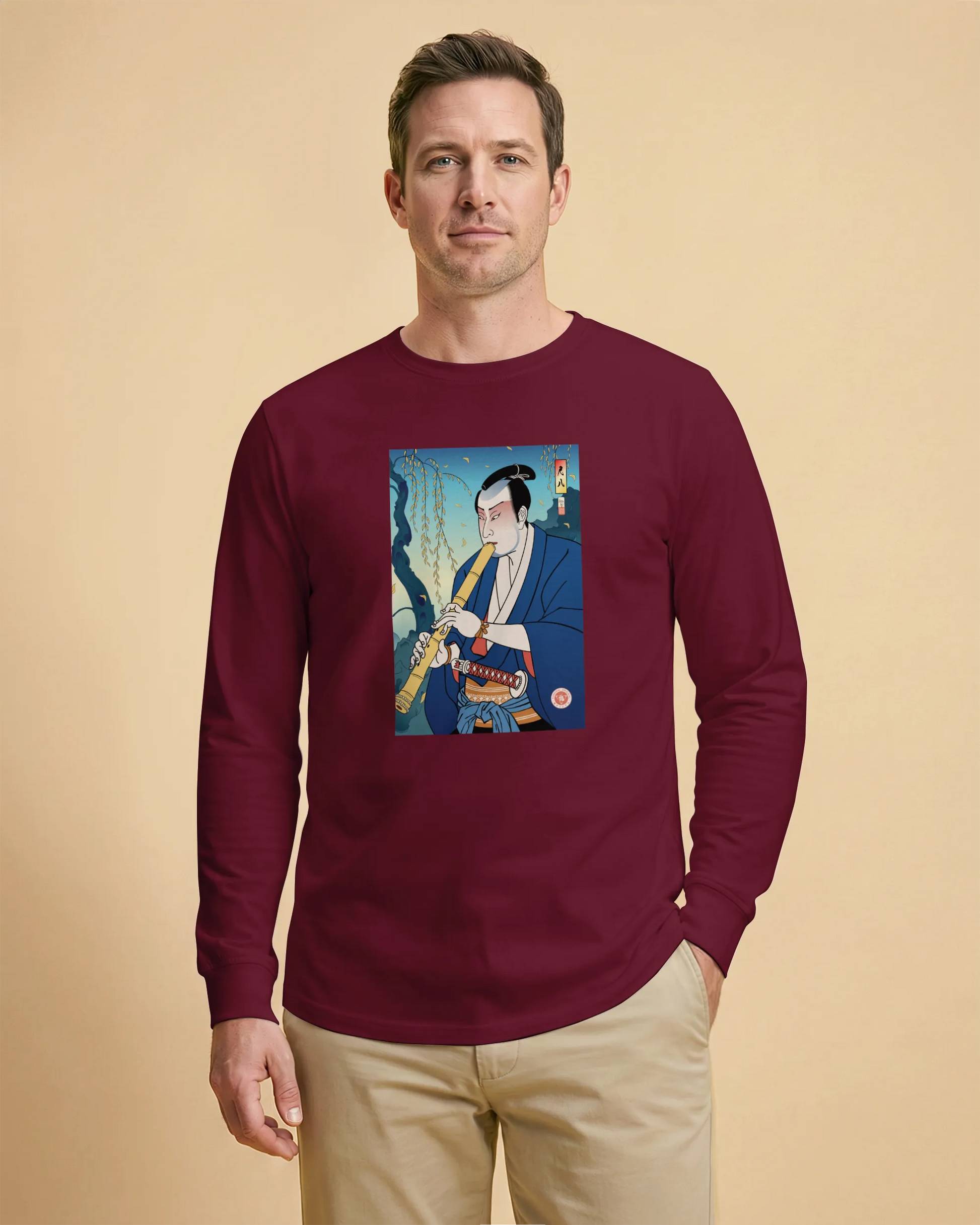 Samurai Play Shakuhachi Bamboo Flute Ukiyo-e Unisex Long Sleeve Tee - Samurai Original