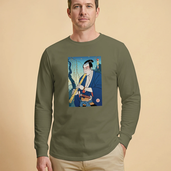 Samurai Play Shakuhachi Bamboo Flute Ukiyo-e Unisex Long Sleeve Tee - Samurai Original