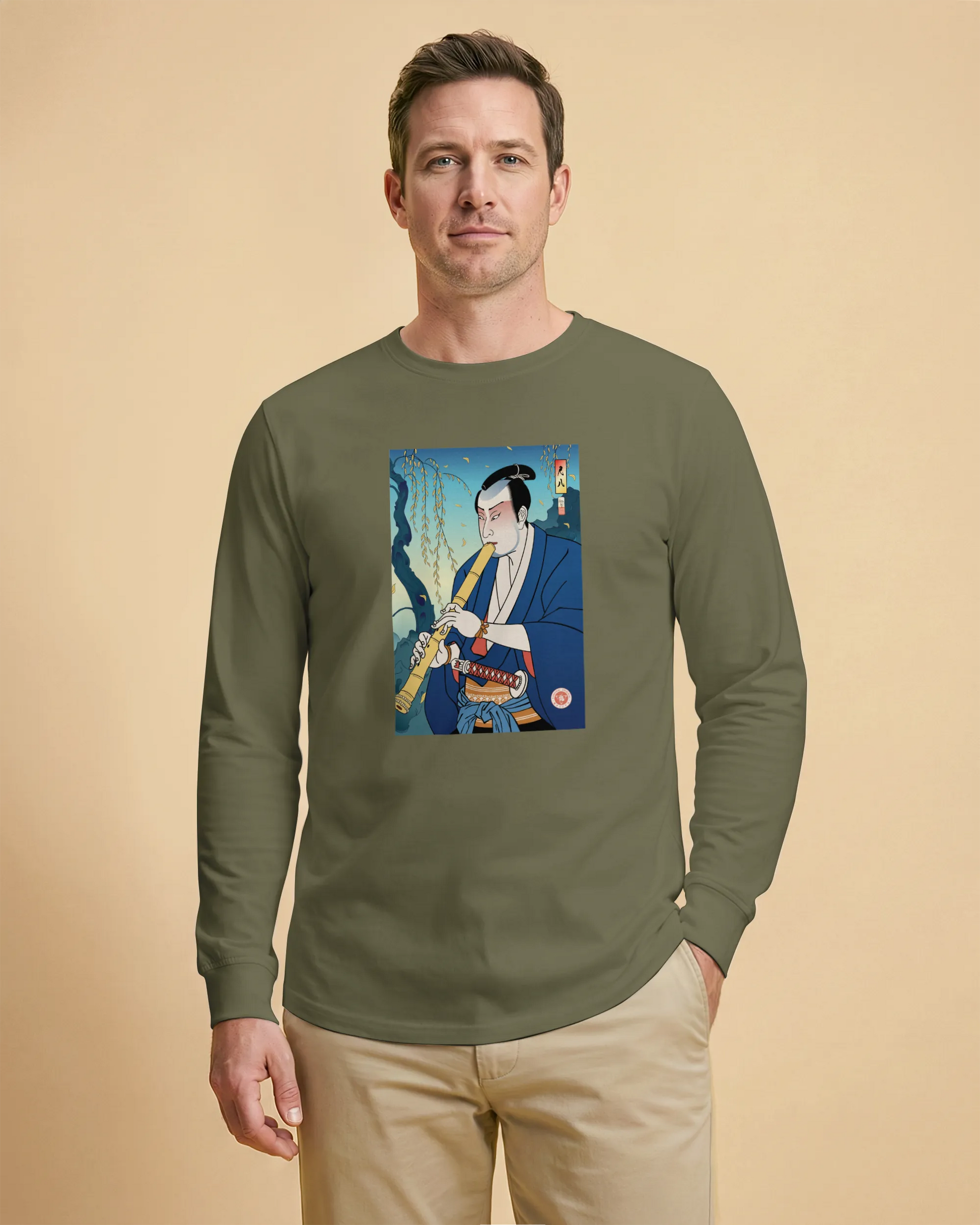 Samurai Play Shakuhachi Bamboo Flute Ukiyo-e Unisex Long Sleeve Tee - Samurai Original