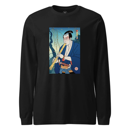 Samurai Play Shakuhachi Bamboo Flute Ukiyo-e Unisex Long Sleeve Tee Black - Samurai Original